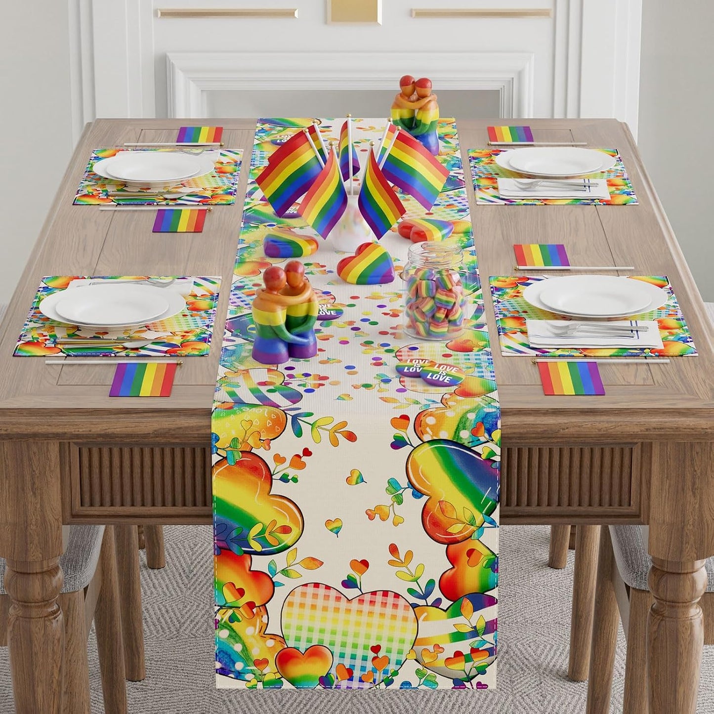 XCHI Love Heart Rainbow LGBTQ Pride Day Table Runner Inclusion Gay Equality Table Decoration for Party Home Kitchen Dining Holiday Decor 13x72 Inch BST326L