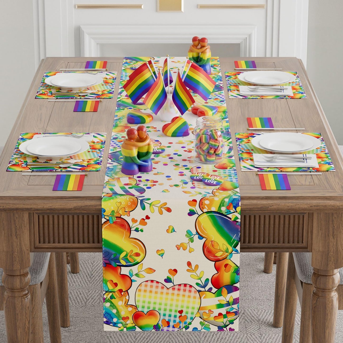 XCHI Love Heart Rainbow LGBTQ Pride Day Table Runner Inclusion Gay Equality Table Decoration for Party Home Kitchen Dining Holiday Decor 13x72 Inch BST326L