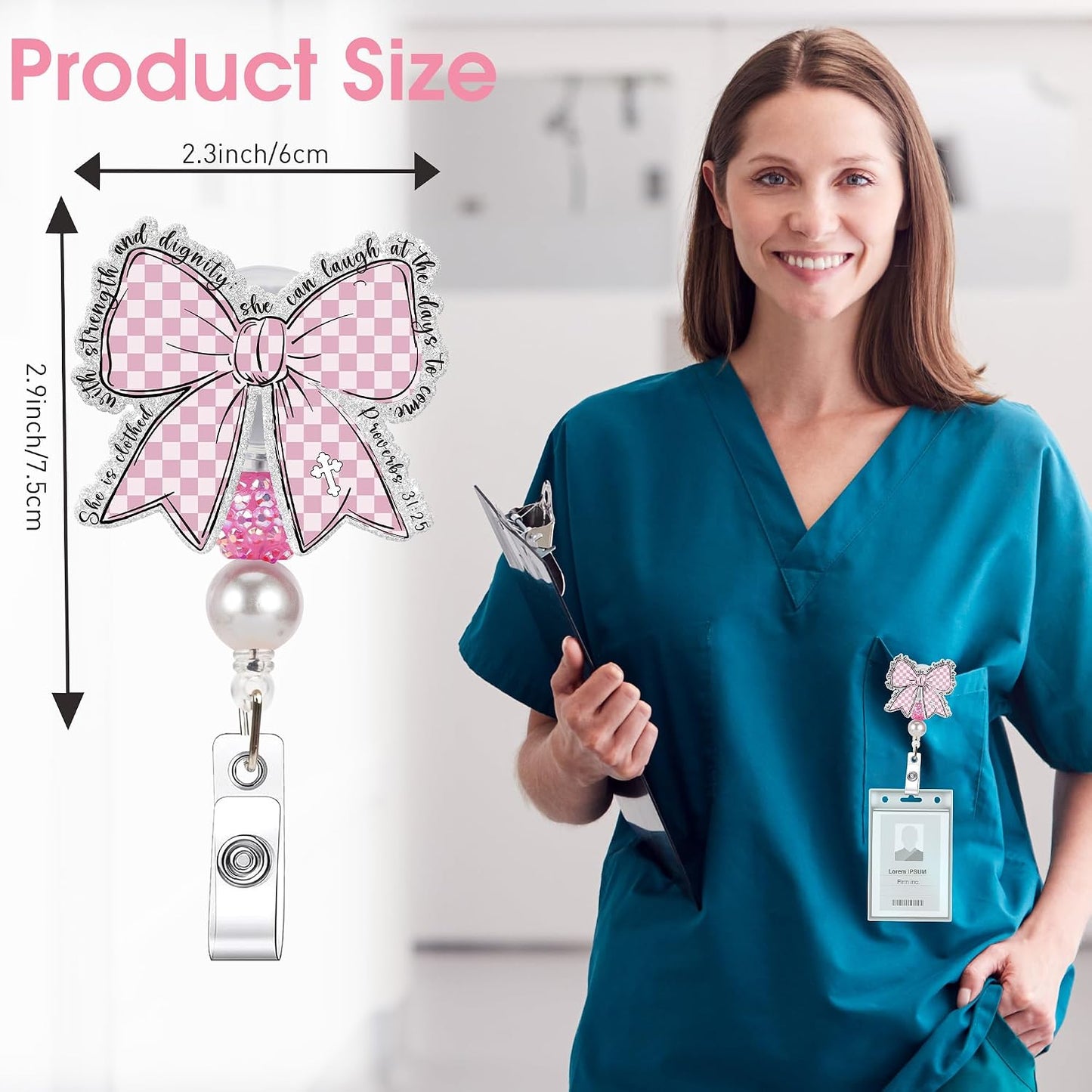 Christian Pink Bow Badge Reel, Bible Verse Proverbs 31:25 Retractable ID Holder with Swivel Clip, Faith Religious Badge Clip Work Accessories Gift for Women WN420
