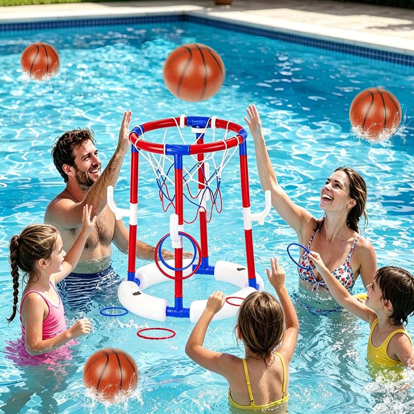 Taotuo Blue Floating Pool Basketball Hoop with Backboard, 2-in-1 Poor Toy Basketball & Ring Toss Game with 4 Balls, 6 Rings&Pump, Summer Pool Toys Outdoor Water Fun Family Party for Age 3-12 DD1210