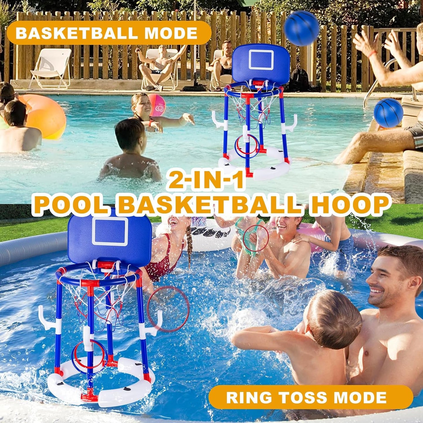 Taotuo Blue Floating Pool Basketball Hoop with Backboard, 2-in-1 Poor Toy Basketball & Ring Toss Game with 4 Balls, 6 Rings&Pump, Summer Pool Toys Outdoor Water Fun Family Party for Age 3-12 DD1210