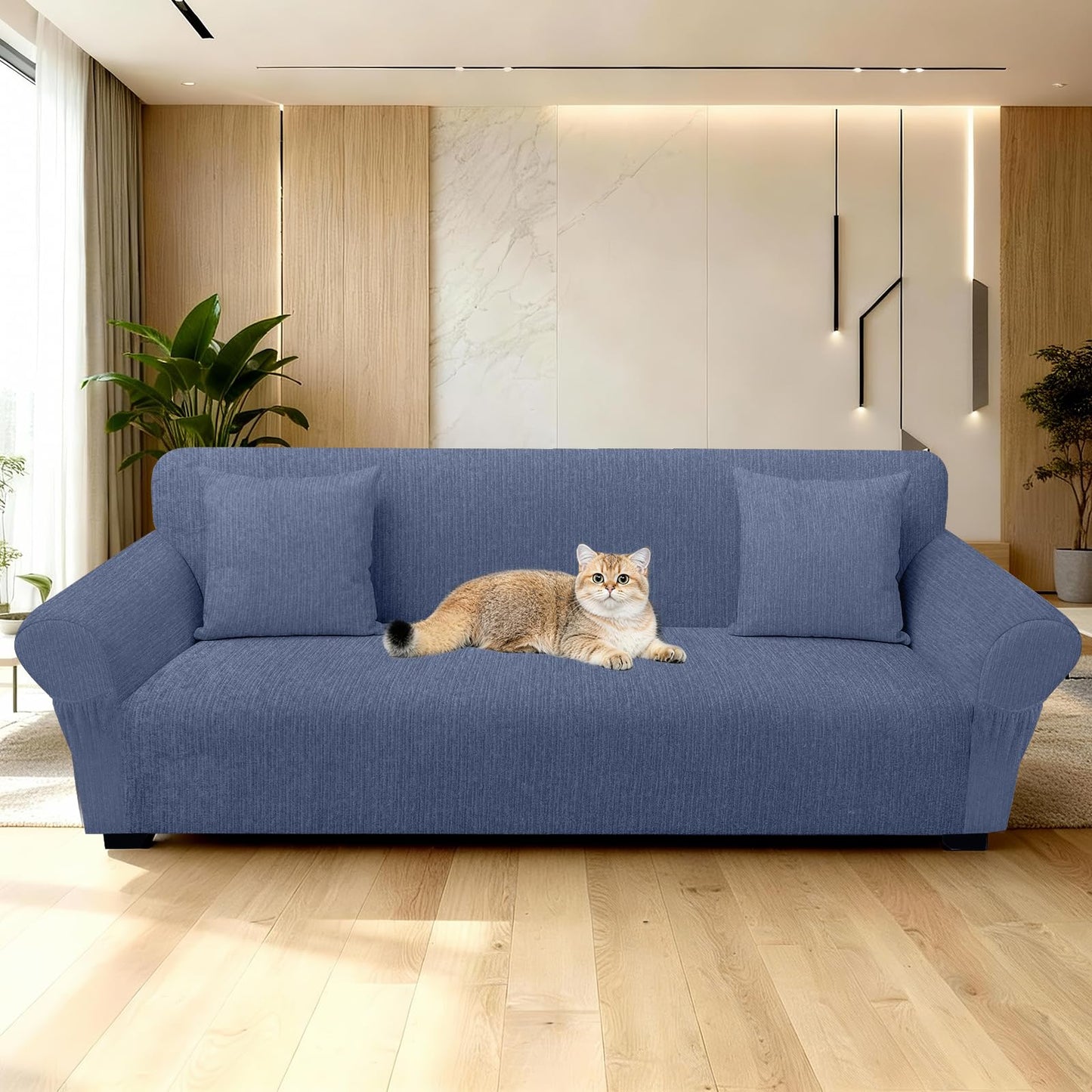 Sofa Slipcover with 2 Pillow Cover for 3 Cushion Couch, Non Slip Furniture Protector with Elastic Bottom, Washable Sofa Cover for Kids, Pets (Sofa, Navy) BST326H