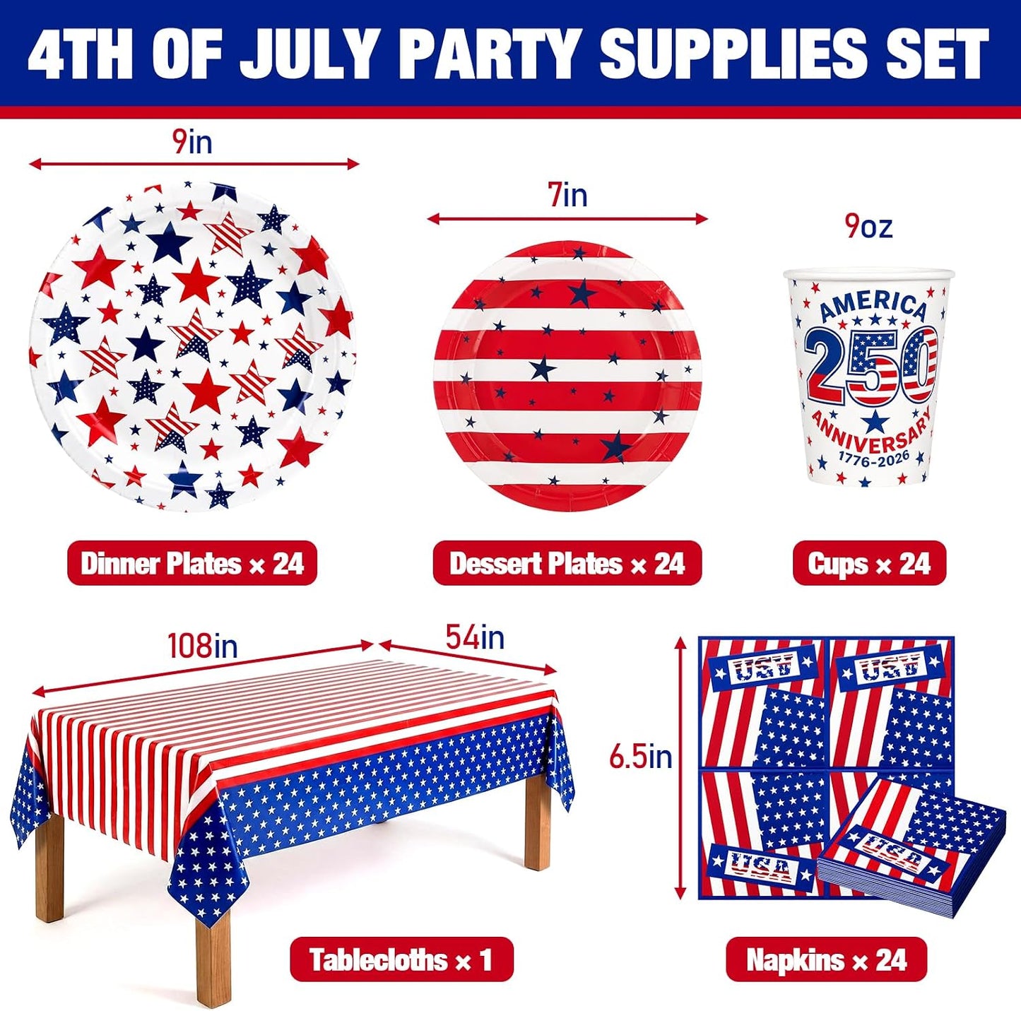 4th of July Party Supplies, American Flag Patriotic Decorations | Disposable Paper Plates, Cups, Banner, Tablecloth and Napkins Set, Serve 24 BST202