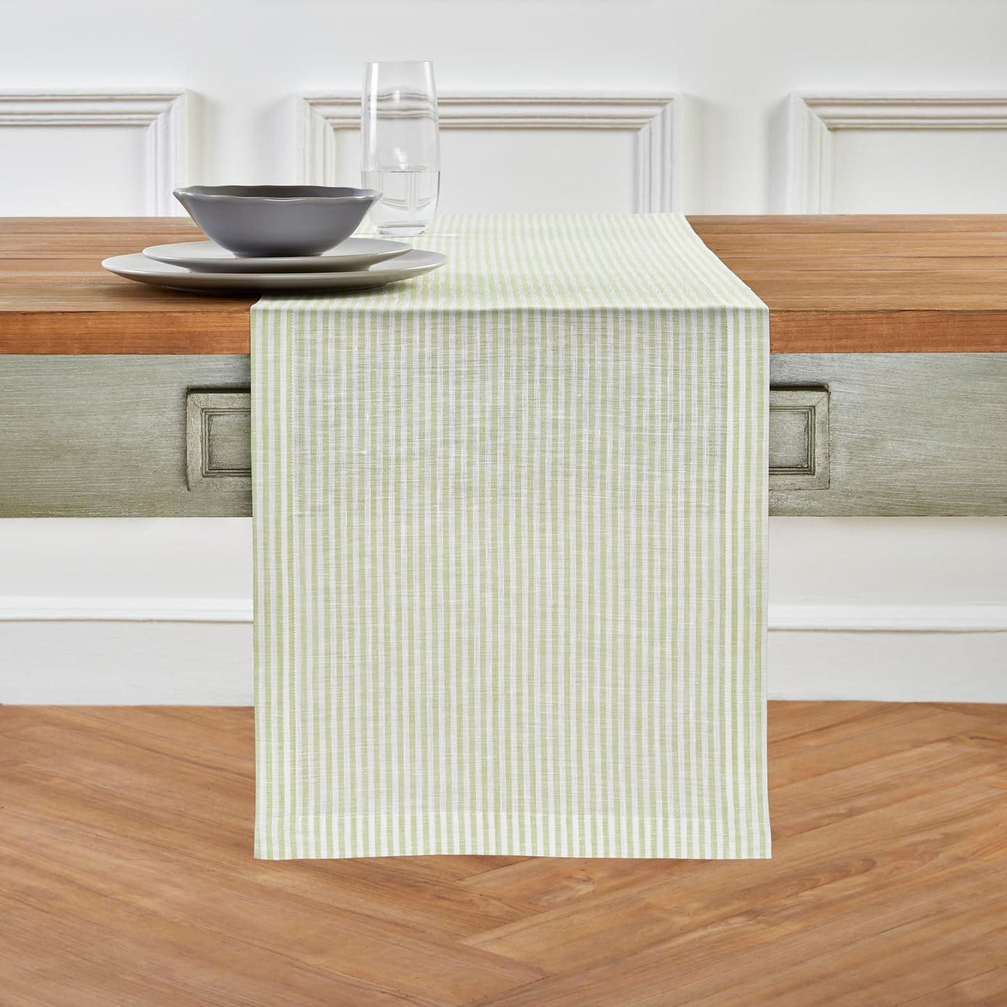 Solino Home 100% Pure Linen Table Runner Stripe Striped, Julia 14 x 72 in | Table Runners for dining, hallway and console tables; woven stripe, mitered corners; Muted Pastel Stripe; OEKO-TEX Certified BST326SOLH