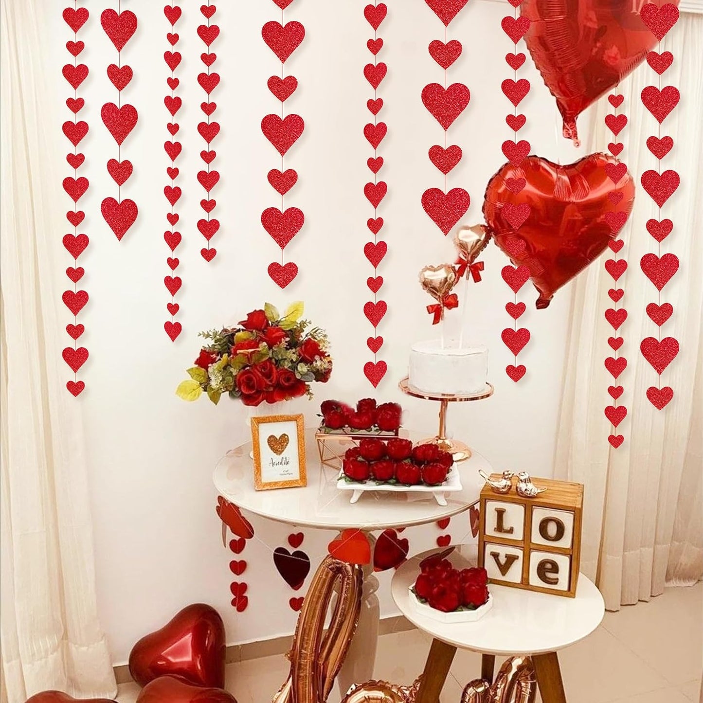 4 Pack Glitter Heart Garland Valentines Day Decorations Paper Hearts Streamers Hanging Hearts Decorations for Valentines Galentines Day Birthday Bridal Shower Wedding Engagement Anniversary (Red) BST326L