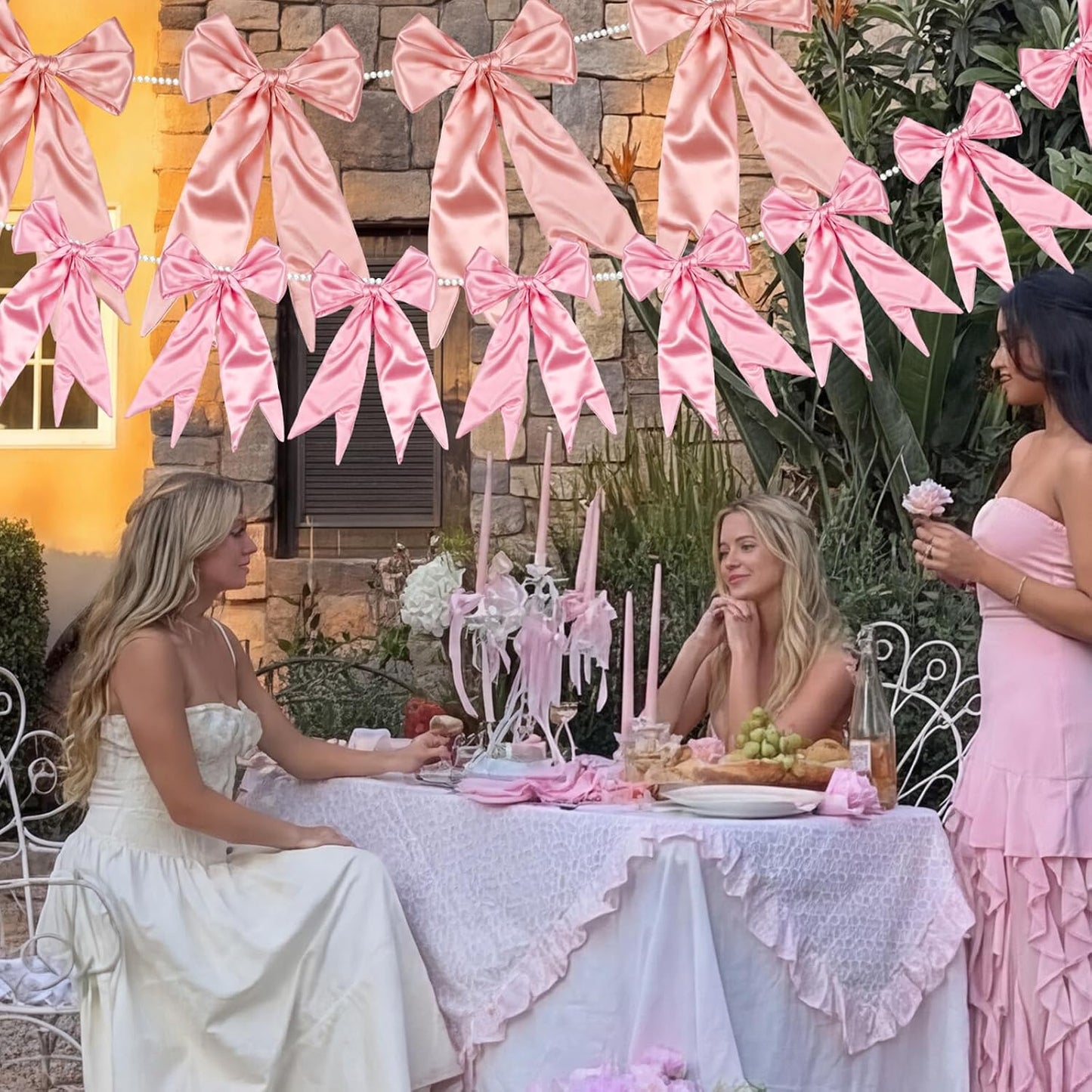 2 Pcs 8.5 ft Large Pink Bow Garland Banner with Pearl Chain Satin Ribbon Pink Bow Hanging Wall Decor for Wedding Birthday Bachelorette Coquette Bridal Baby Shower Engagement Decoration BST202