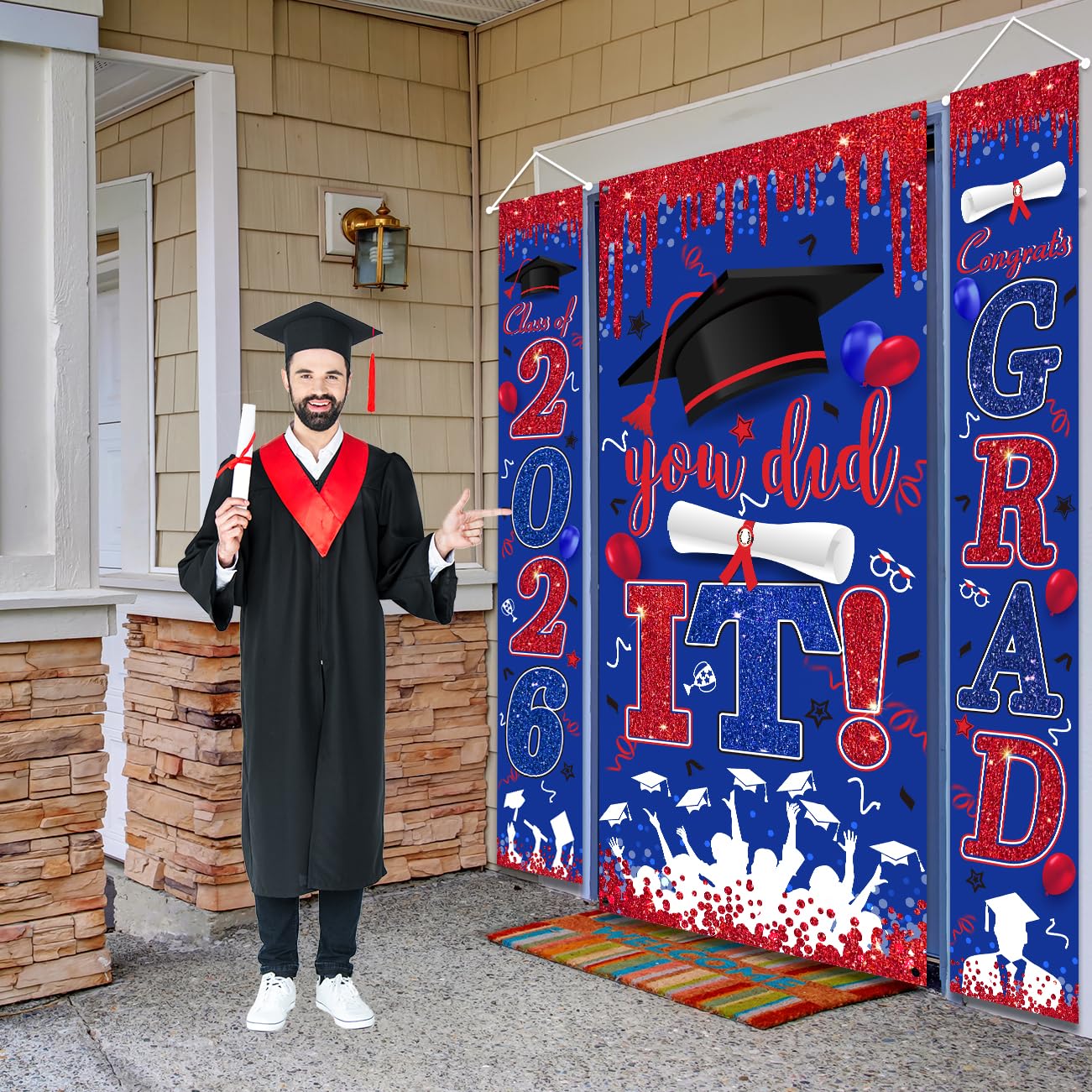 Graduation Decorations Class of 2026 Purple and Gold Congrats Grad Banner and You Did It Door Cover for High School College Graduation Party Supplies(Purple) BST326H