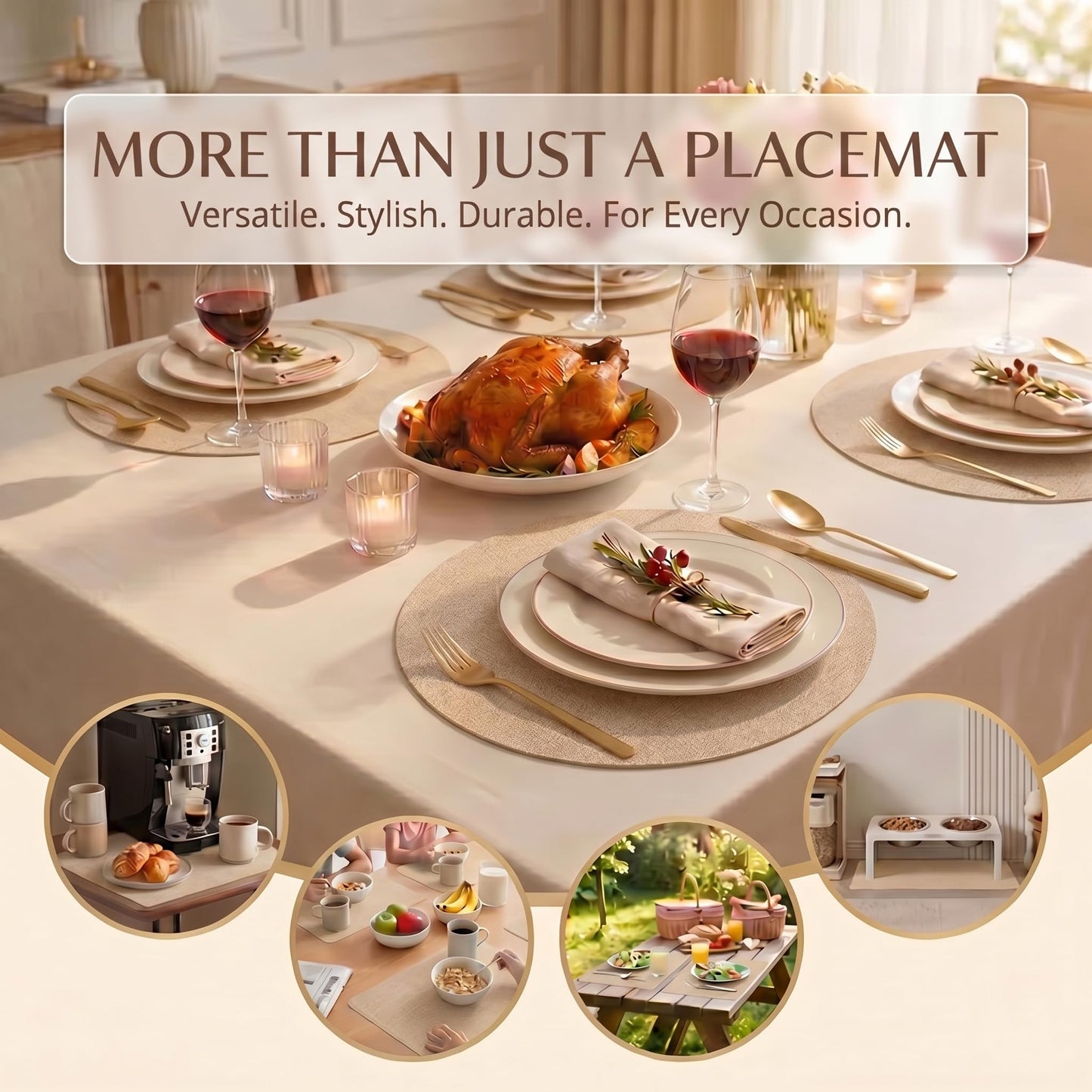 Faux Leather Placemats Set of 6, Wipeable Waterproof Stain Resistant Table Mats, Heat Resistant Thick Placemats with Hand-Painted Edges for Kitchen Dining, Imitative Linen Texture, Various Shapes BST326H