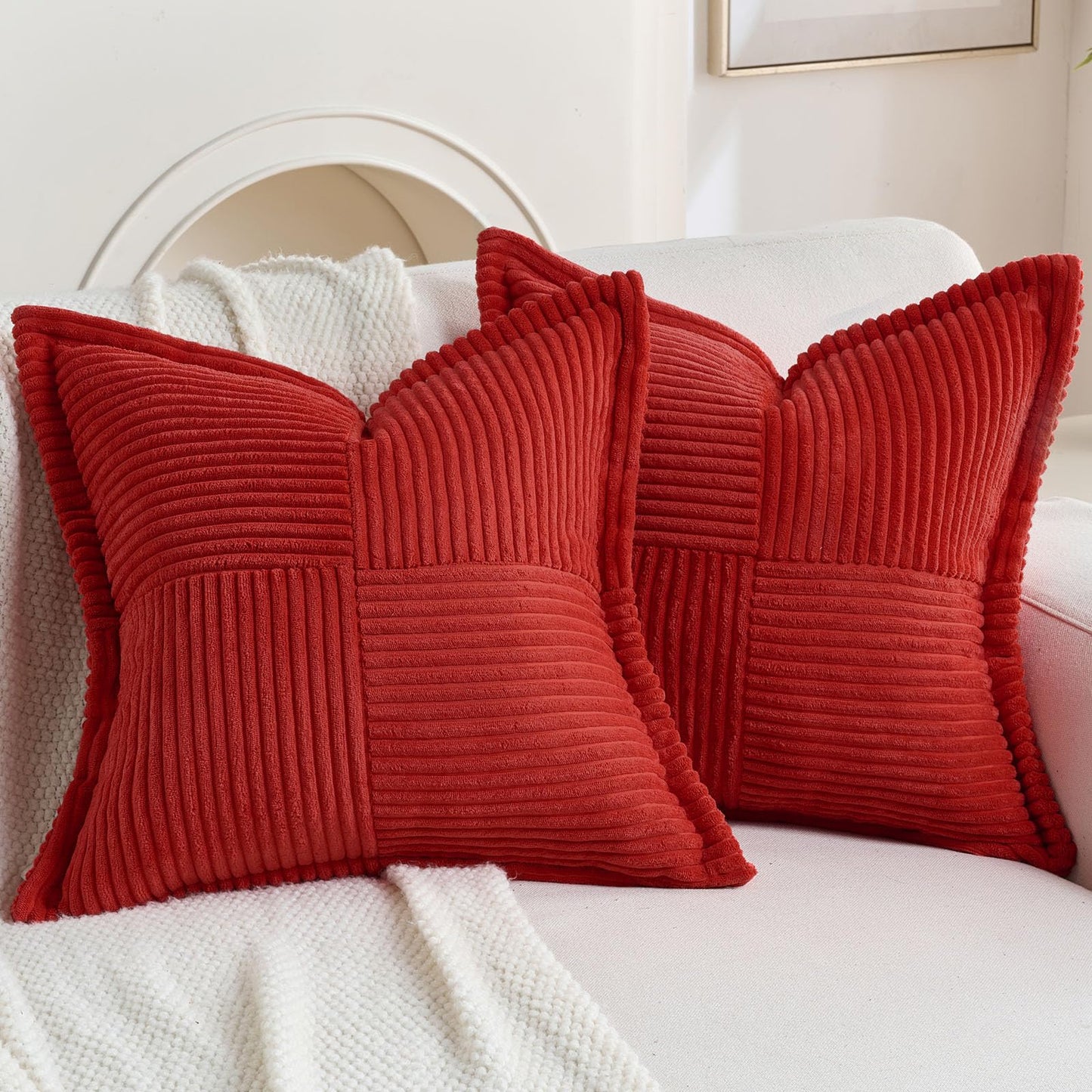 HAUSSY Pack of 2 Corduroy Throw Pillow Covers26x26 Inch, Rust | Decorative Striped Soft Boho Farmhouse Pillowcases, Machine Washable, Couch Bed Sofa Living Room Home Decor, No Insert BST202