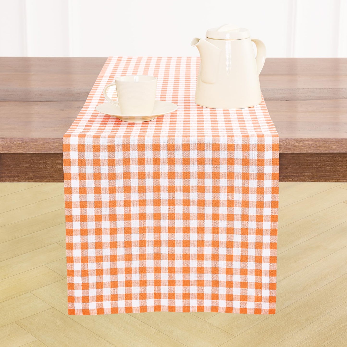 Solino Home 100% Pure Linen Table Runner Apricot, Gingham Check 14 x 36 in | Table Runners for nightstands, end tables, coffee tables and dressers | checkered weave, mitered corners | OEKO-TEX Certified BST326SOLH