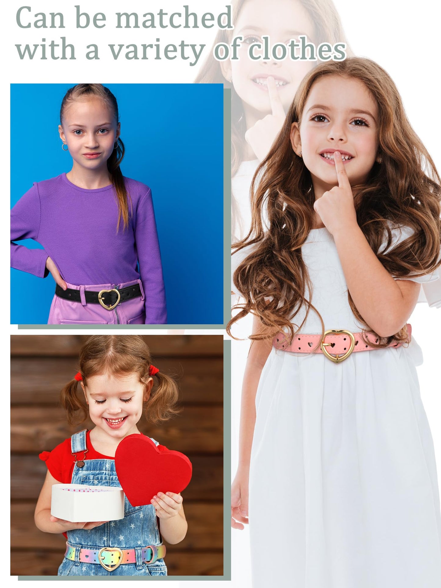 Newcotte 4 Pcs Girls Belt Size Aged 3-12 Kids PU Leather Waist Hollow Heart Design Kids Belts N31
