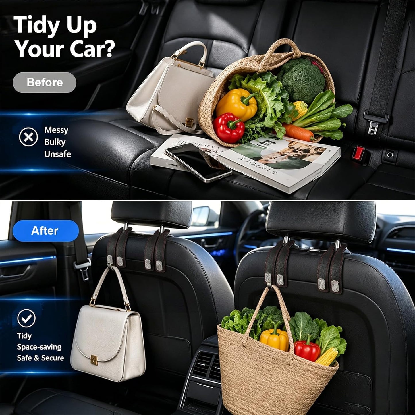 2Pcs Headrest Hooks for Car Seat Back Storage Black Car Hooks | Double Metal Hooks, Universal Purse Hook, Hidden Car Seat Hooks, No Tool Installation, for Purses, Handbags, Bags BST202
