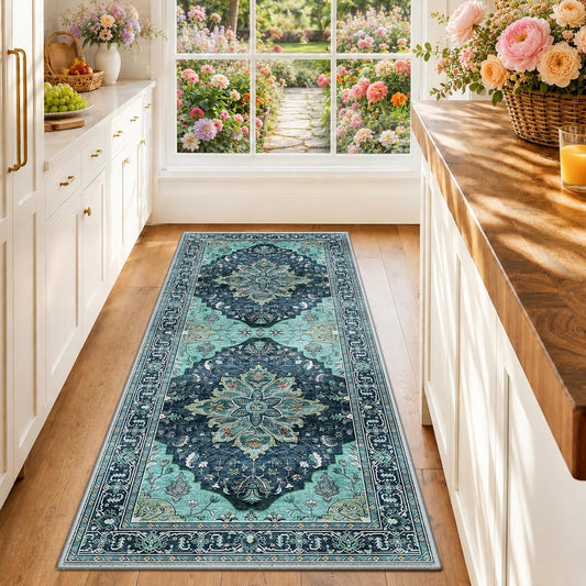 RELEANY Area Rugs Runner 2'x6' Washable Non-Slip, Floral Vintage Distress Medallion Carpet for Kitchen Hallway Bedroom Beside Laundry Room Bathroom, Teal Green Lake Blue Turquoise DD1210