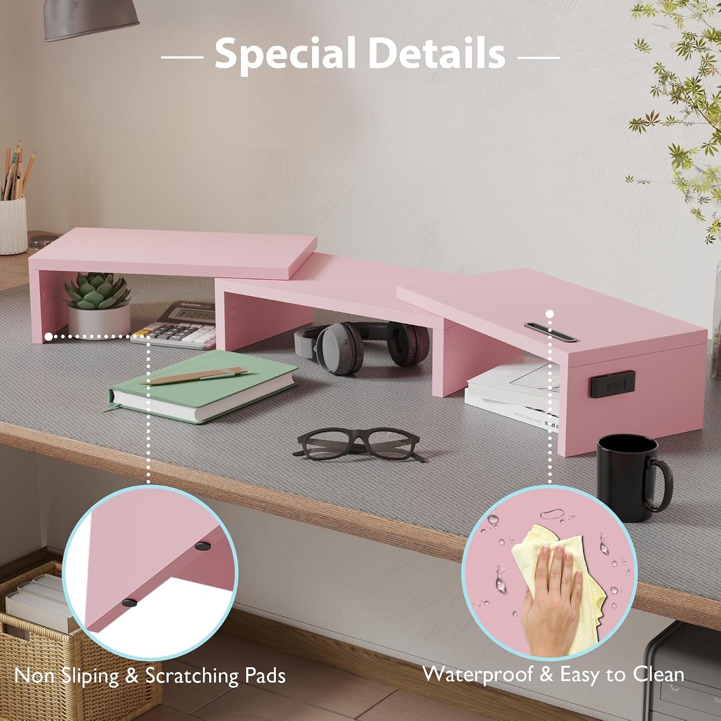 BONTEC Dual Monitor Stand Riser, Adjustable Length & Swivel Angle, Pink | Ergonomic Wooden Desktop Organizer with Smartphone Holder, Computer Monitor Stand for PC, Laptop, Printer and Large Storage BST202