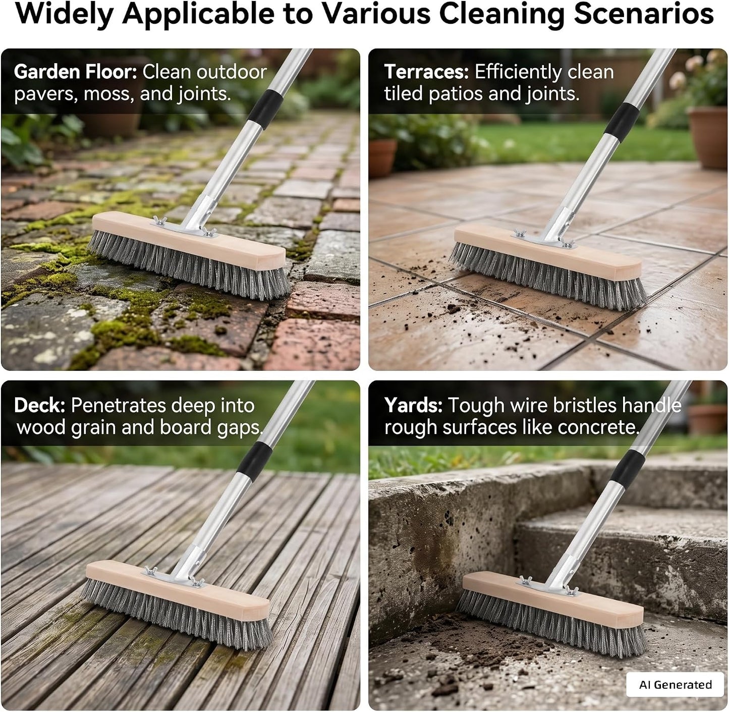 Stainless Steel Wire Scrub Brush with Long Handle, Heavy Duty Floor Scrubber Brush, Moss Remover Wire Broom for Deck, Rough Surface, Concrete Floor, Patio, Garden, Garage BST202