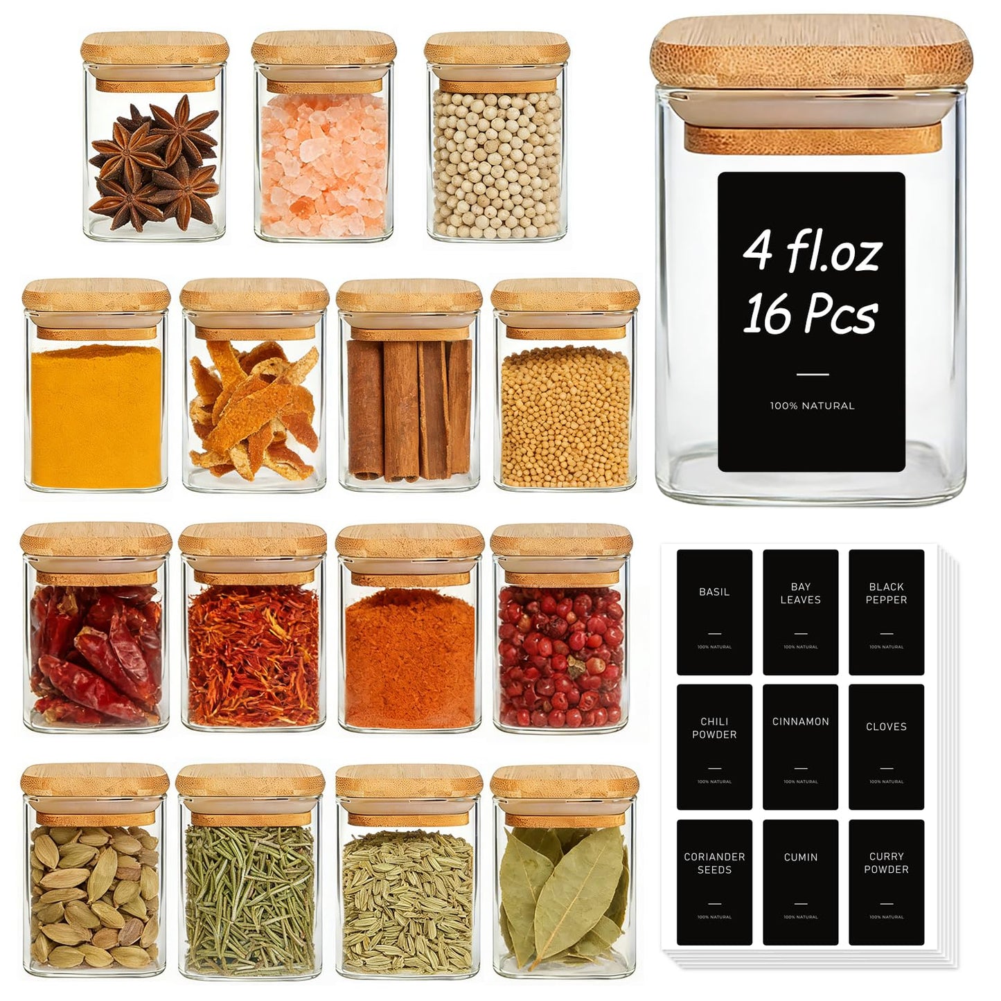 ComSaf 0.6 Qt Glass Food Storage Jars Set of 6, Clear Storage Containers with Airtight Lids, Pantry Organization Jar, Spice Jar, Blooming Tea, Coffee and Sugar Container, Canister Set for Kitchen BST220