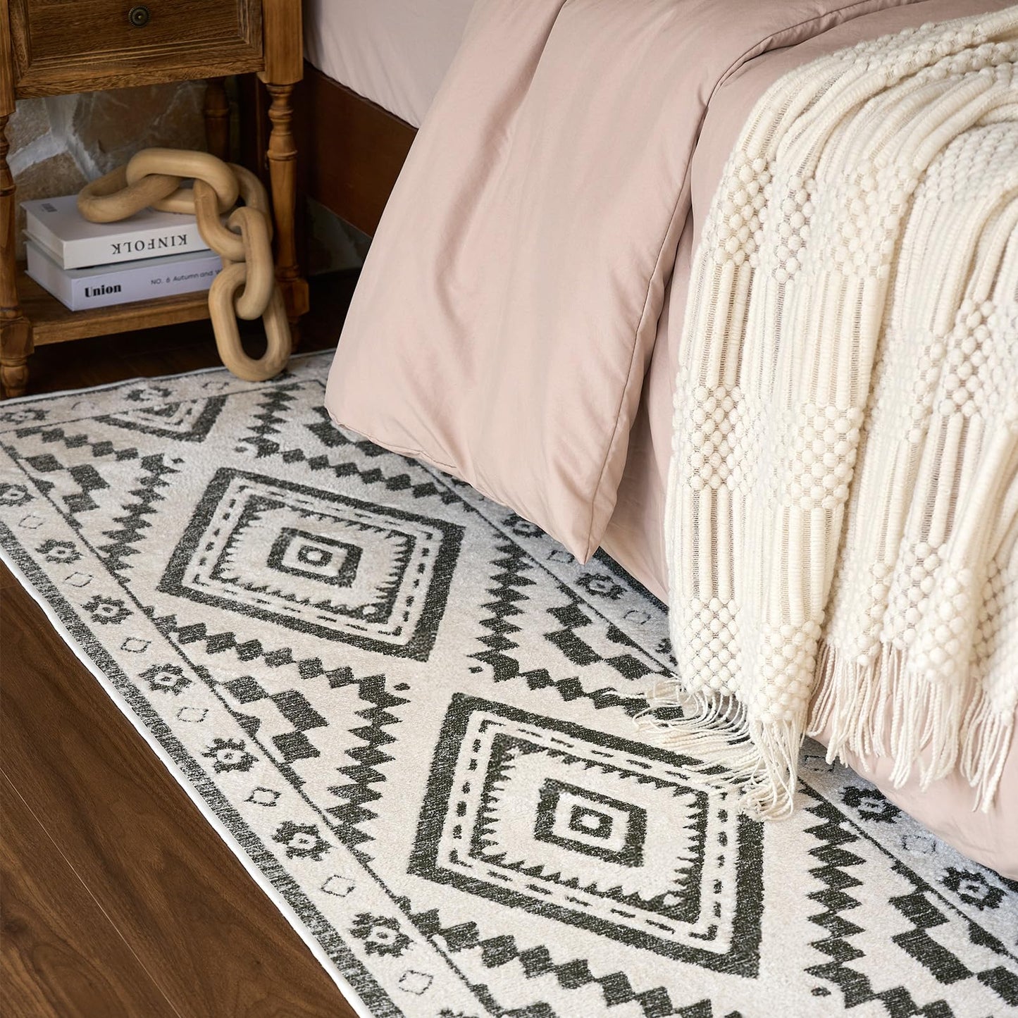 Moroccan Washable Area Rug 3x5, Geometric Tribal Decorative Woven Rug, Non-Slip Boho Farmhouse Soft Low-Pile Area Rug for Living Room Bedroom Nursery Dining Table, Dark Brown/White BST326H