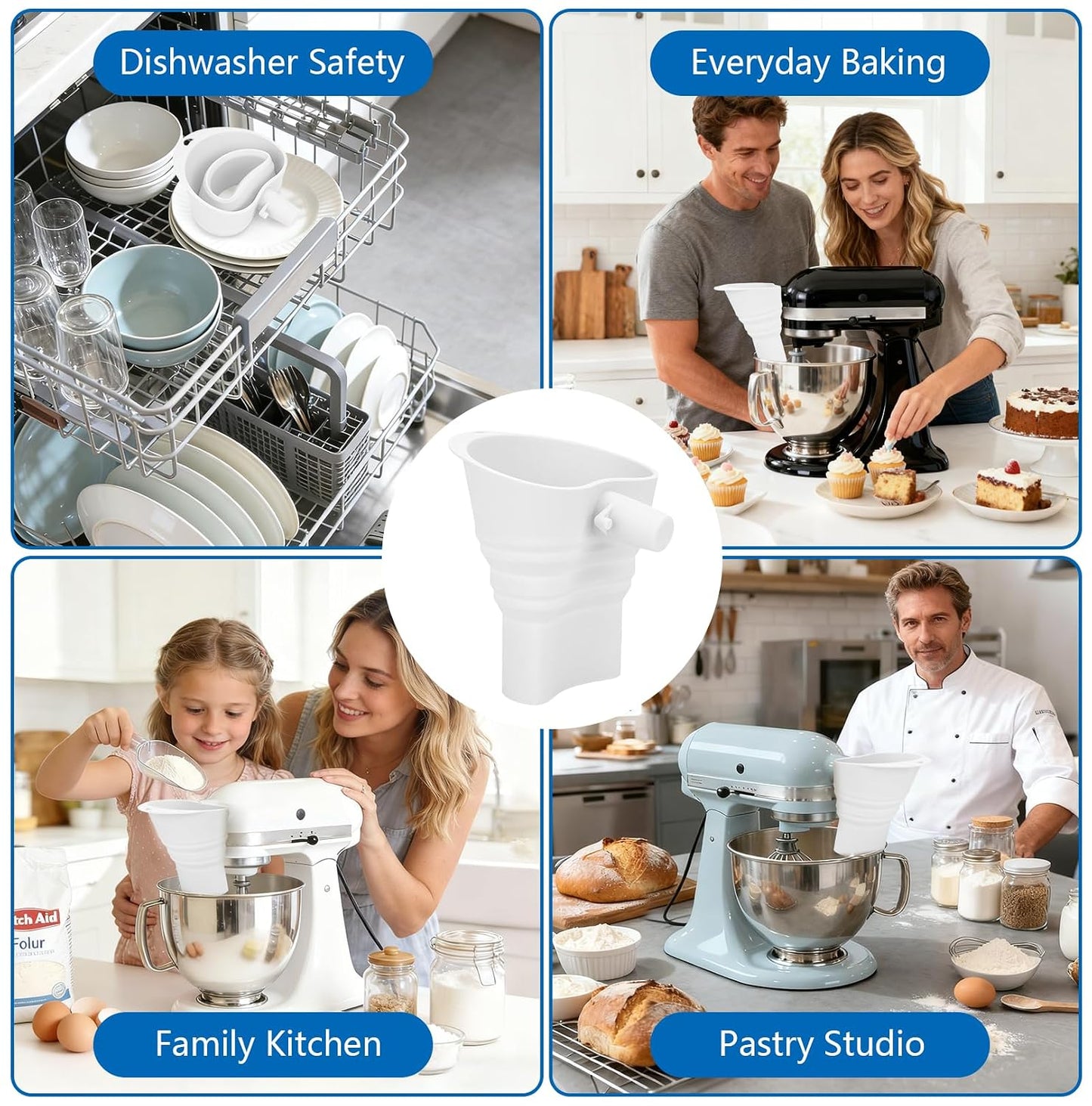 No-Mess Flour Funnel for Kitchen Aid Mixer Set, Extended Mouth Foldable Flour Funnel for Kitchenaid Stand Mixer Attachments for 4.5-7 Quart KSM150, Dishwasher Safe Pouring Chute BST326H