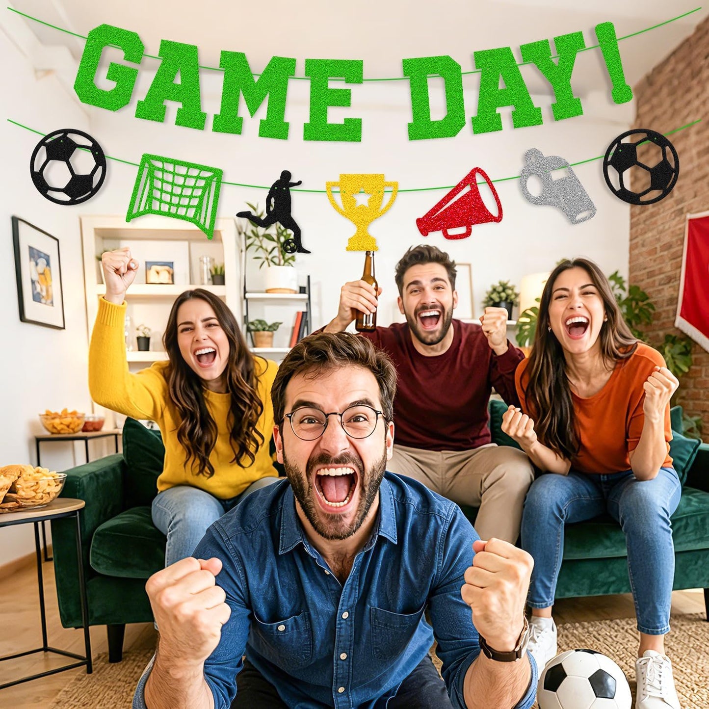 Come on World 2026 Cup Decorations Game Day Banner | World Football Party Decor 2026 International Soccer Competition Backdrop Sports Celebration Green Glitter Decor Pre-Strung BST326L