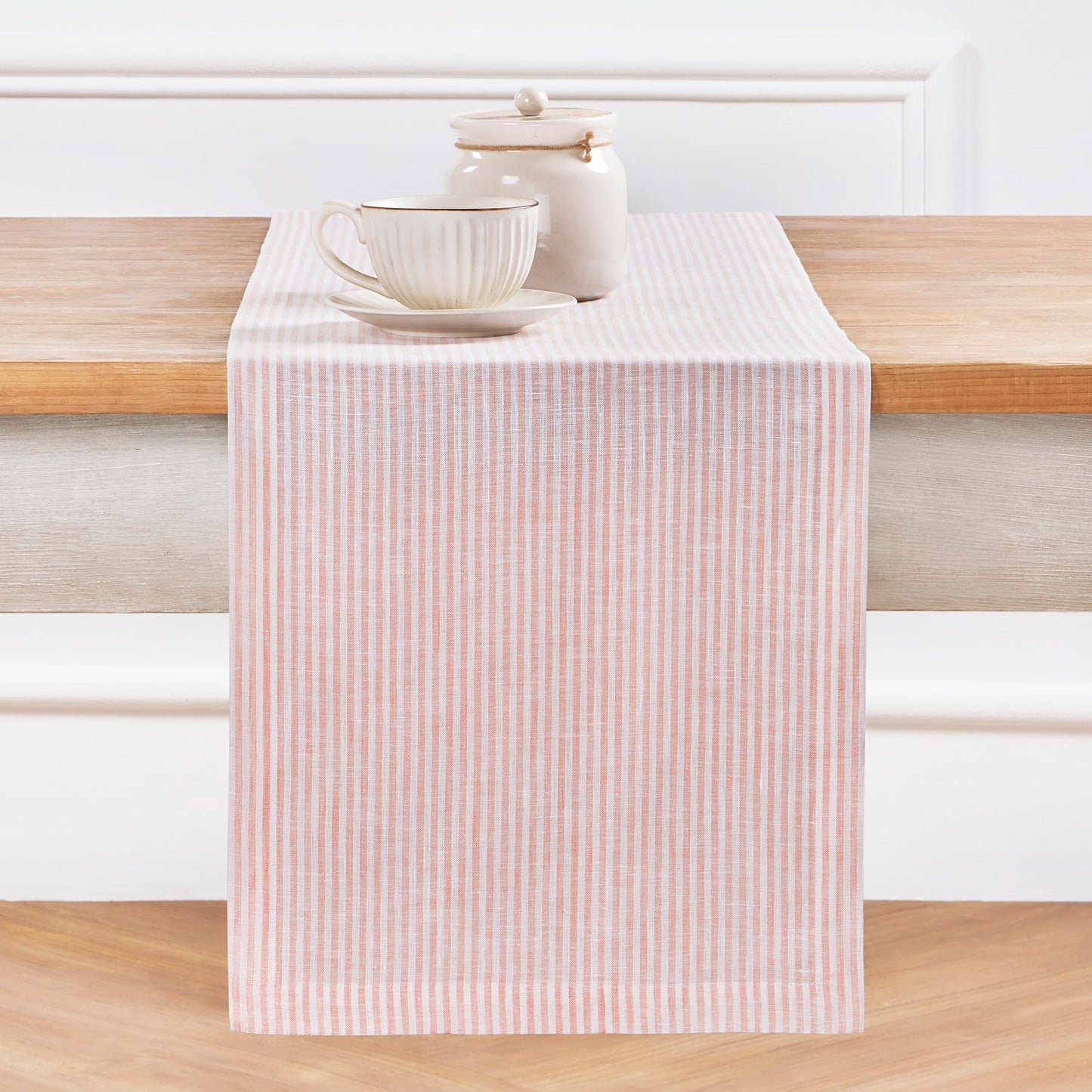 Solino Home 100% Pure Linen Table Runner Stripe Striped, Julia 14 x 72 in | Table Runners for dining, hallway and console tables; woven stripe, mitered corners; Muted Pastel Stripe; OEKO-TEX Certified BST326SOLH