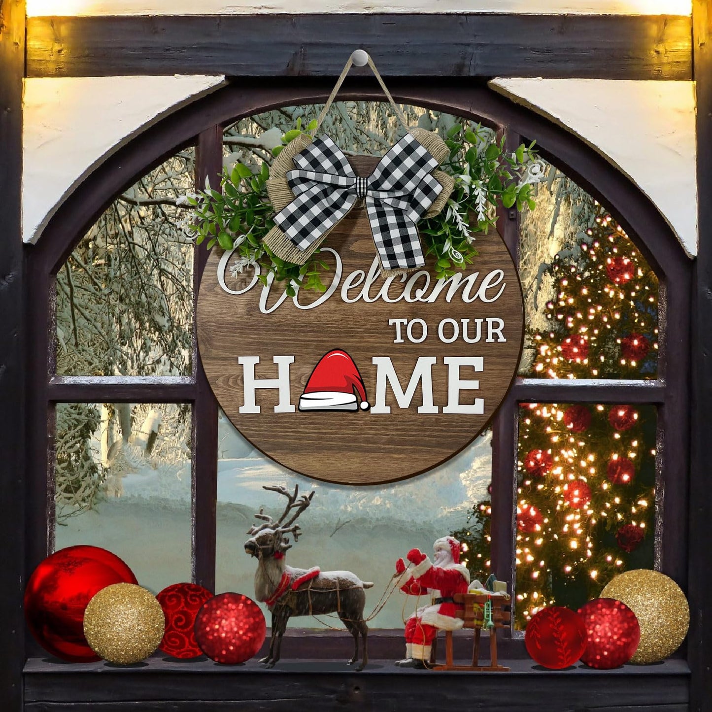 Interchangeable Seasonal Welcome Sign Front Door Decoration,Rustic Round Wood Wreaths Wall Hanging Outdoor Decor for Spring Summer Autumn and Winter All Seasons Holiday Halloween Christmas(Elf) BST326H