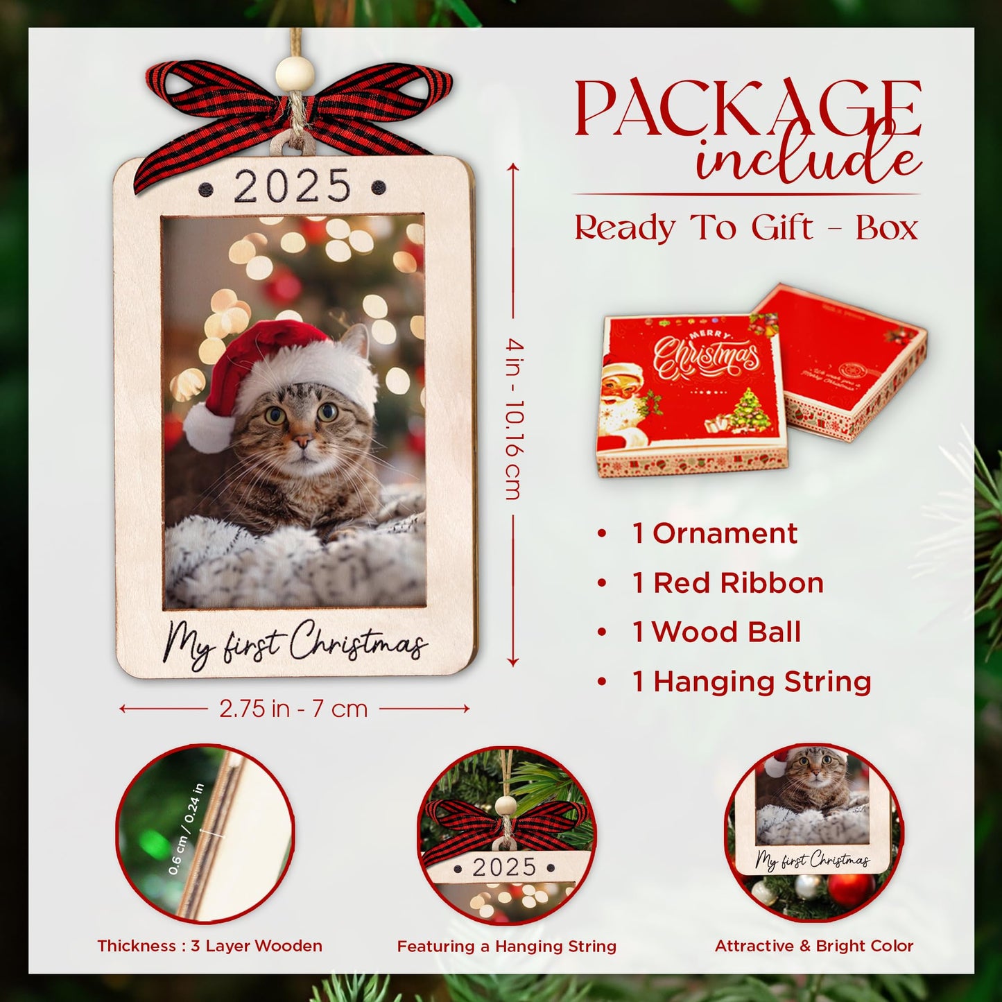 Hangwoous Baby's First Christmas Photo Frame Ornament 2025 | Wooden portrait frame keepsake, first Christmas photo gift for baby BST202
