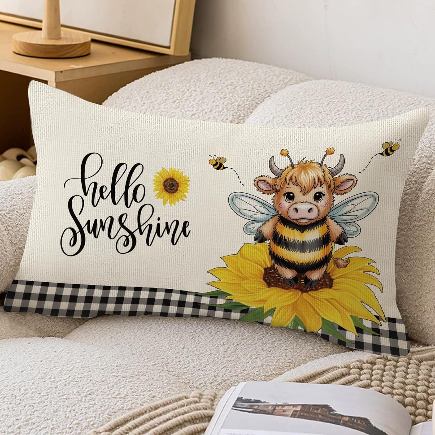 Sunflower Highland Cow Bee Lumbar Throw Pillow Cover 12x20 Inch Summer Cushion Case Decoration for Sofa Couch BST202