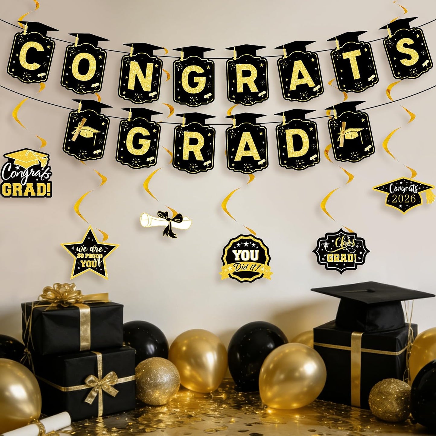 Graduation Decorations 2026, Black and Gold Congrats Grad Banner with 6PCS Graduations Hanging Swirl Decorations for Class of 2026 Grad Party BST326L