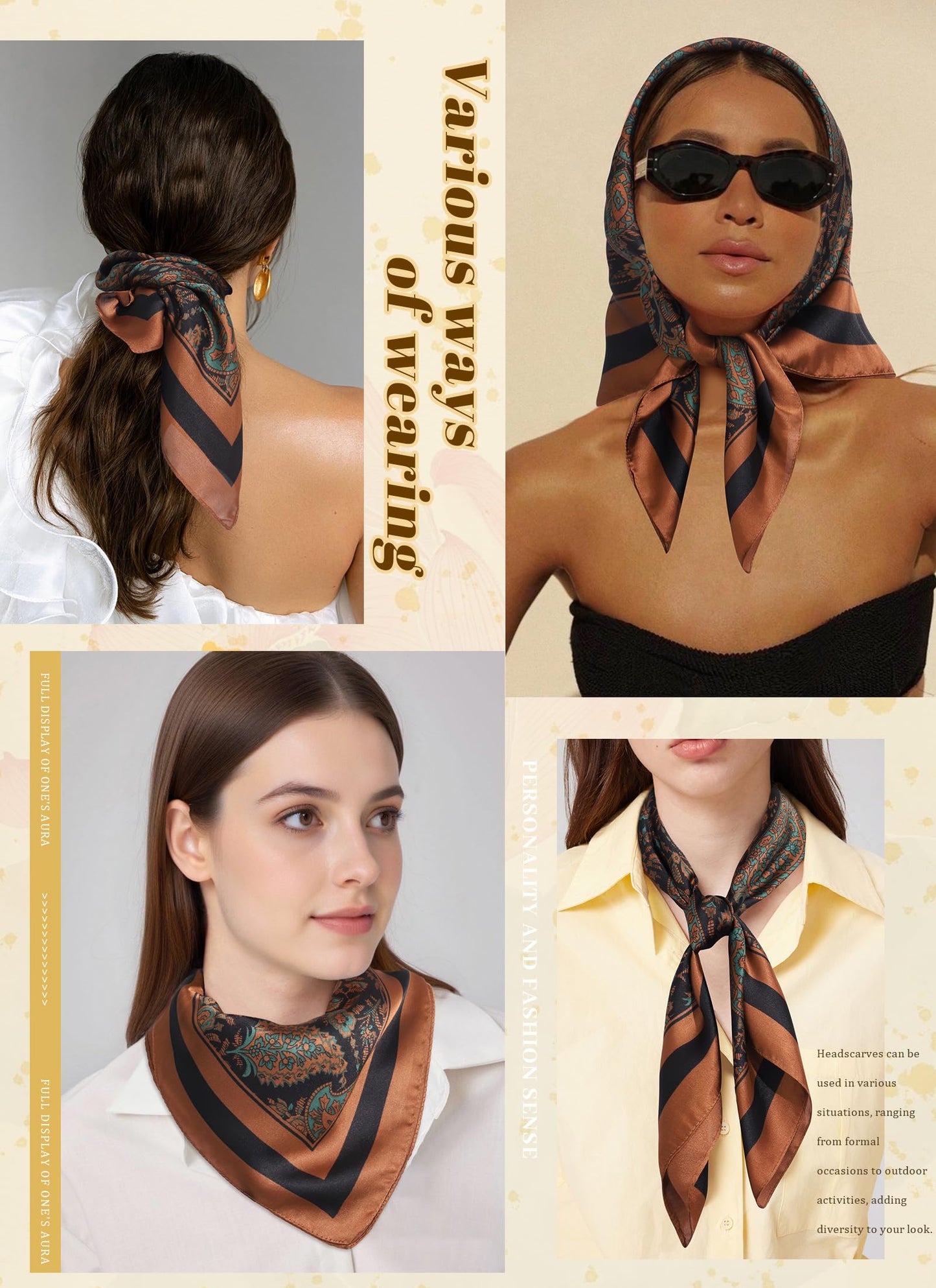 CHLINS 27.5” Square Head Scarf for Women Satin Hair Scarf Silk Wrap Neck Scarves Bandanas for Handbags Accessories WN420