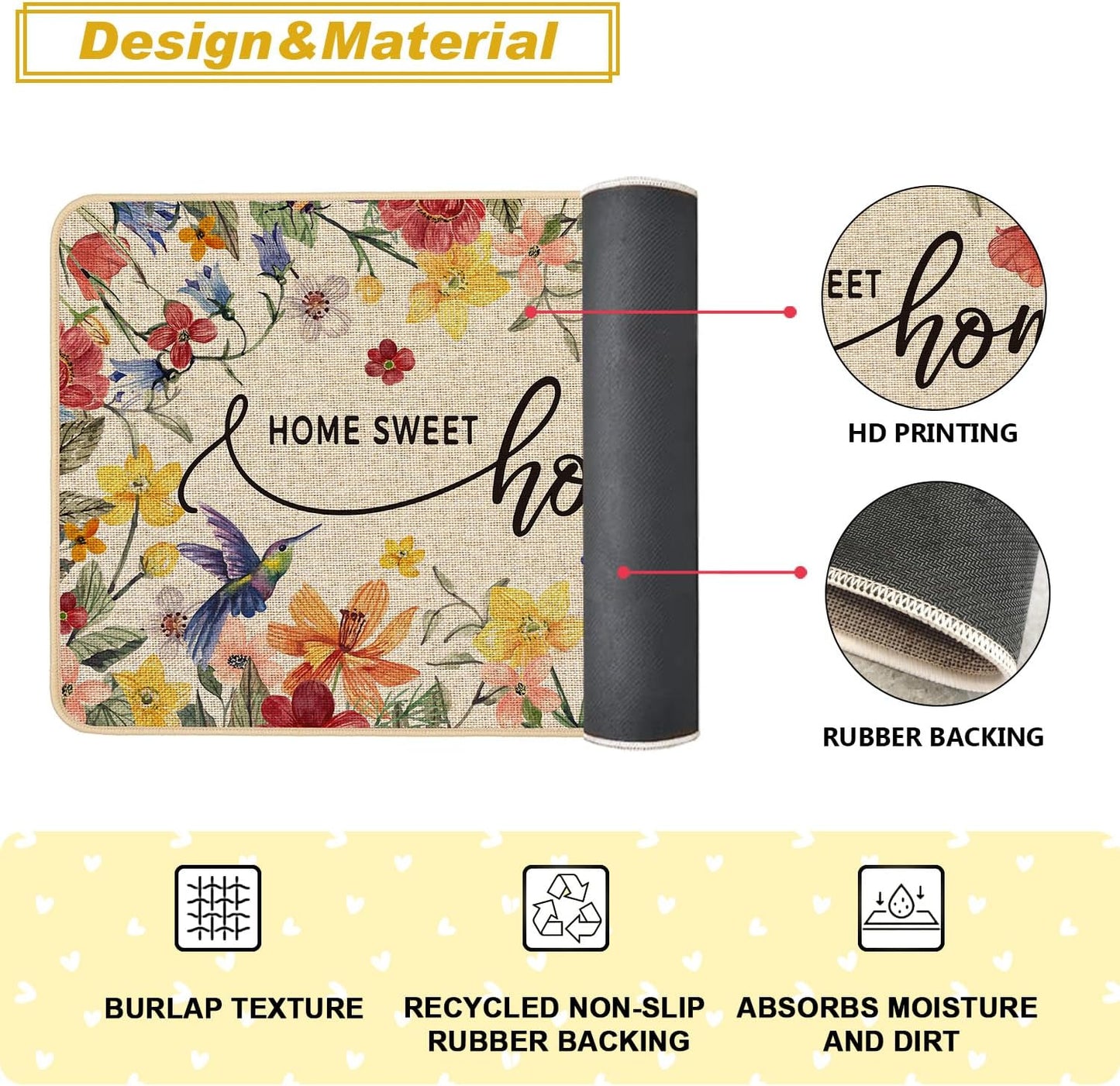 Baccessor Home Sweet Home Floral Kitchen Mats Set of 2,Spring Summer Hummingbird Flowers Kitchen Rugs Absorbent Non Slip Low-Profile Washable for Floor Home Decor 17x29 and 17x47 Inch BST202