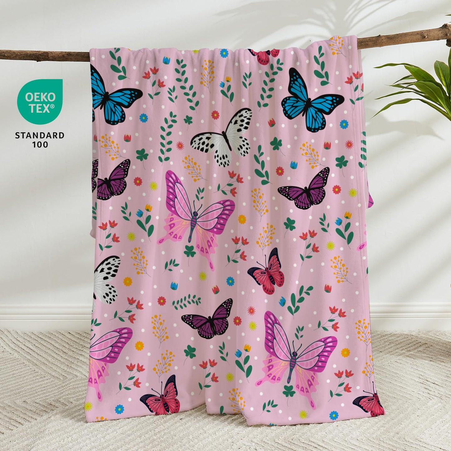 Butterfly Kids Throw Blanket for Girls Teens Toddler Pink Soft Fuzzy Flannel Bed Blanket Colorful Flowers Birthday Gifts for Women Girls Kids Teens Adults, 60”x80” BST326H
