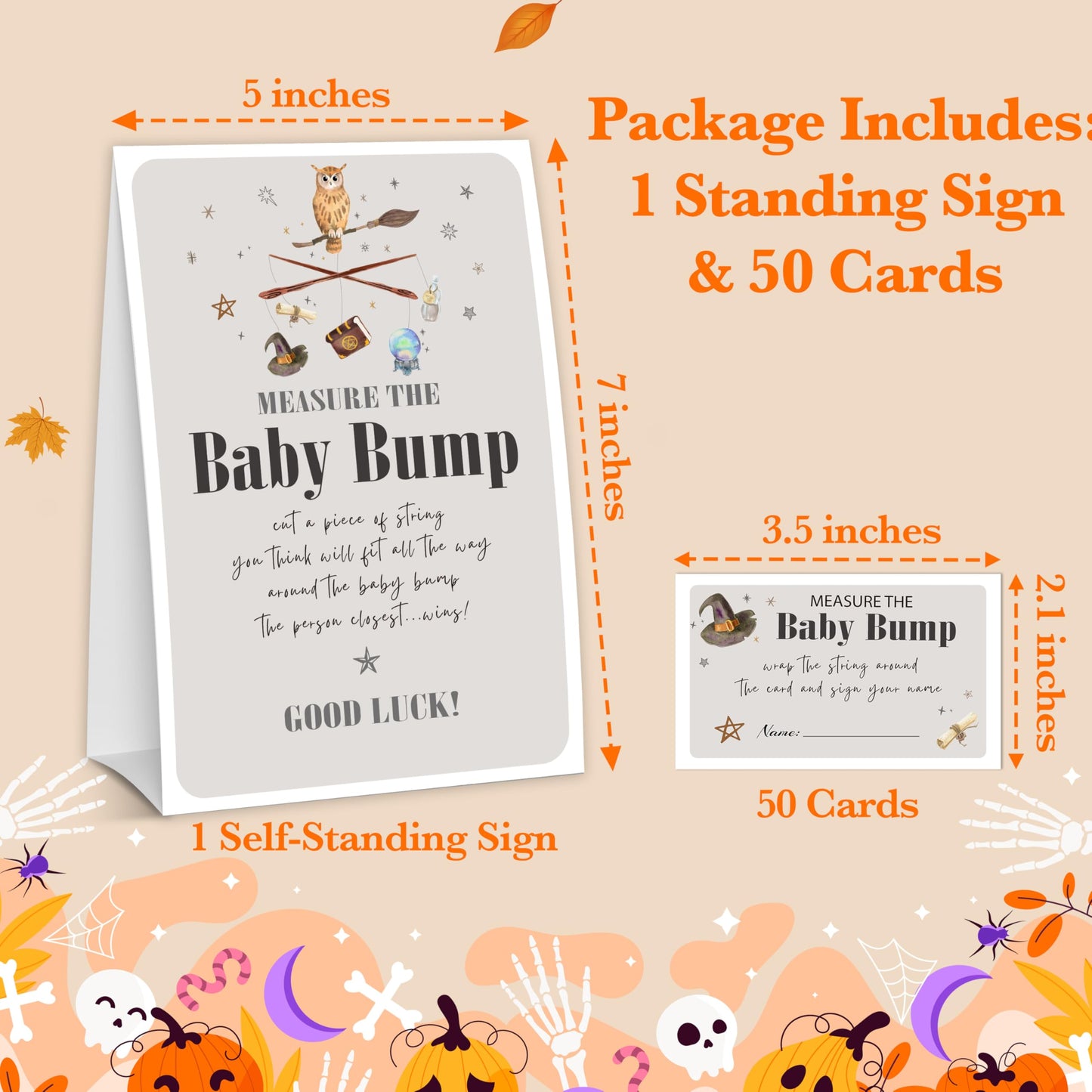 Halloween Baby Shower Measure The Baby Bump, 1 Self-Standing Sign + 50 Tickets for Little Ghost Gender Reveal Announcement Party Favor Supplies - D12 BST326L
