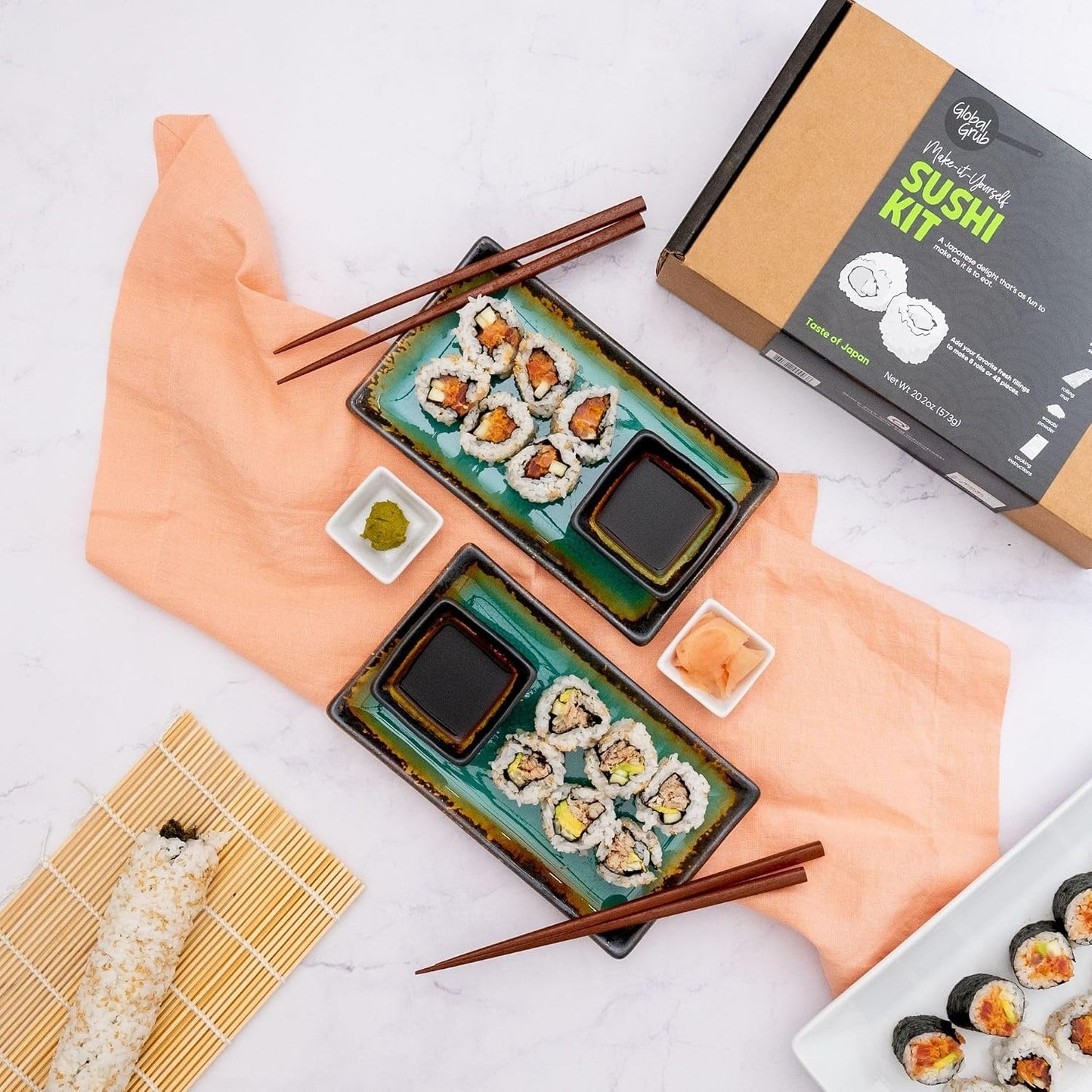 Global Grub DIY Sushi Making Kit - Sushi Kit With Ingredients - Sushi Rice, Nori Sushi Seaweed, Sushi Rice Seasoning, Sesame Seeds, Wasabi Powder - Bamboo Rolling Mat, Instructions, Makes 48 Pieces DD1210