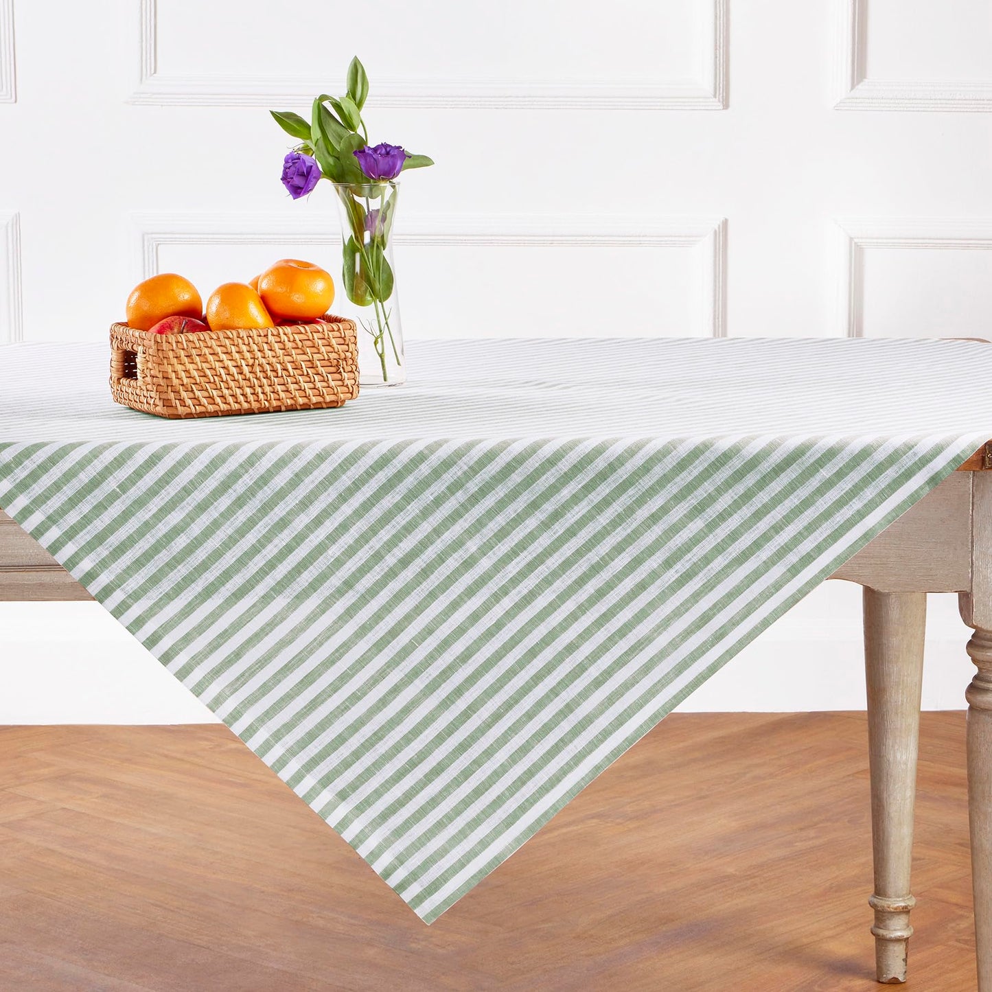 Solino Home 100% Linen Table Cloth, Throw, 52 x 52 in, Coral, Amalfi Stripe | Striped Linen Tablecloth a neat topper for bistro, card and side tables | Coral and White | Pure Linen | OEKO-TEX Certified BST326SOLH