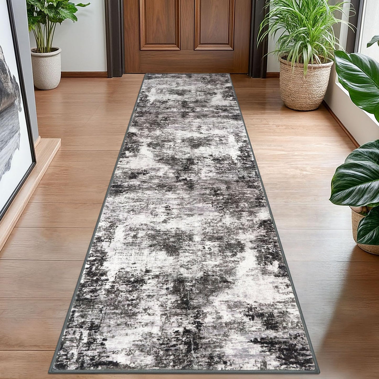Lansny Modern Abstract Runner - 2x5, Beige Grey Washable Kitchen Entryway Rug Mat Non-Slip Soft Neutral Hallway Rug Thin Print Faux Wool Carpet for Bedroom Laundry Room Indoor BST220