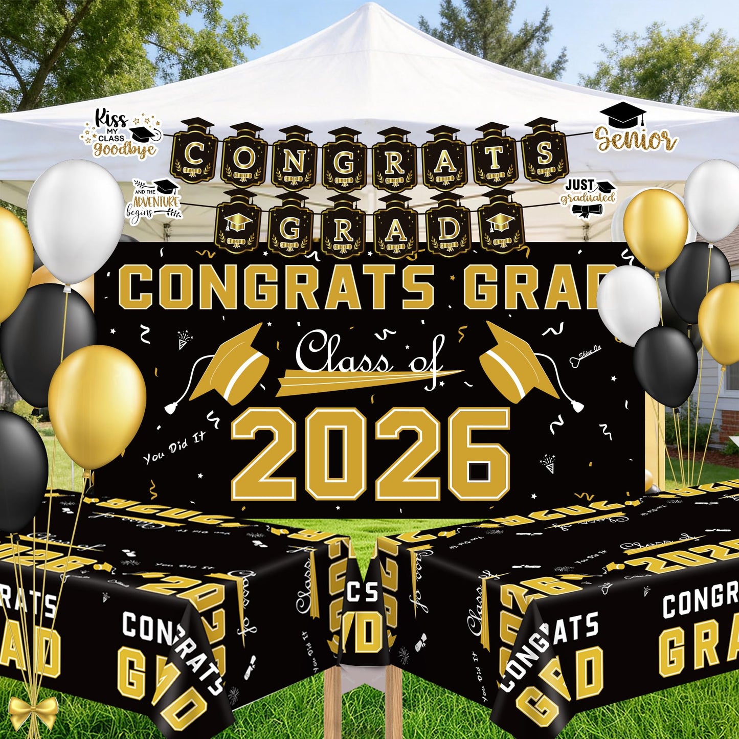 Graduation Decorations 2026 2027 - Red Congrats Grad Banner Backdrop Tablecloth Set - Graduation Decorations Class of 2026 | Graduation Party Favors Supplies WN420