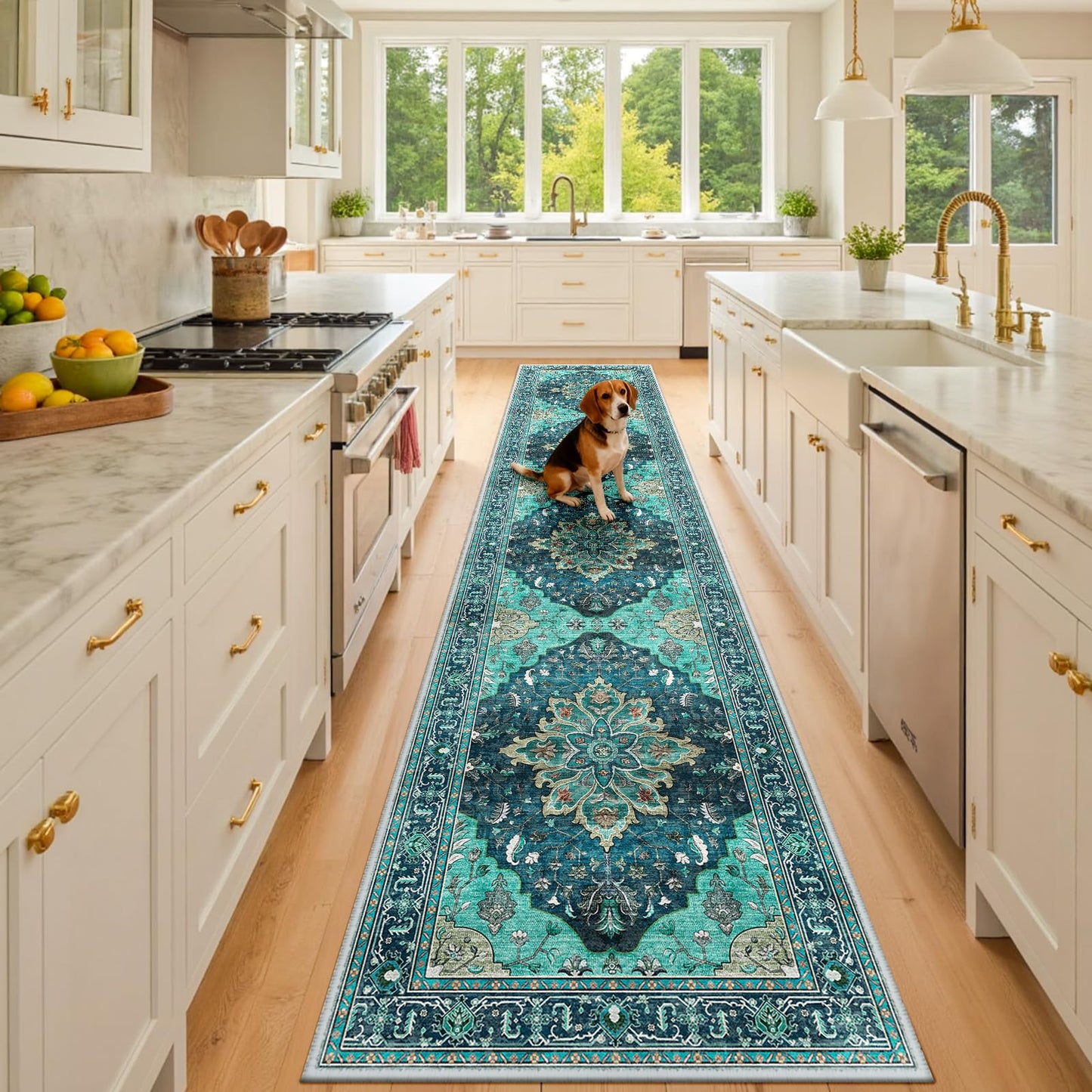 RELEANY Area Rugs Runner 2'x6' Washable Non-Slip, Floral Vintage Distress Medallion Carpet for Kitchen Hallway Bedroom Beside Laundry Room Bathroom, Teal Green Lake Blue Turquoise DD1210