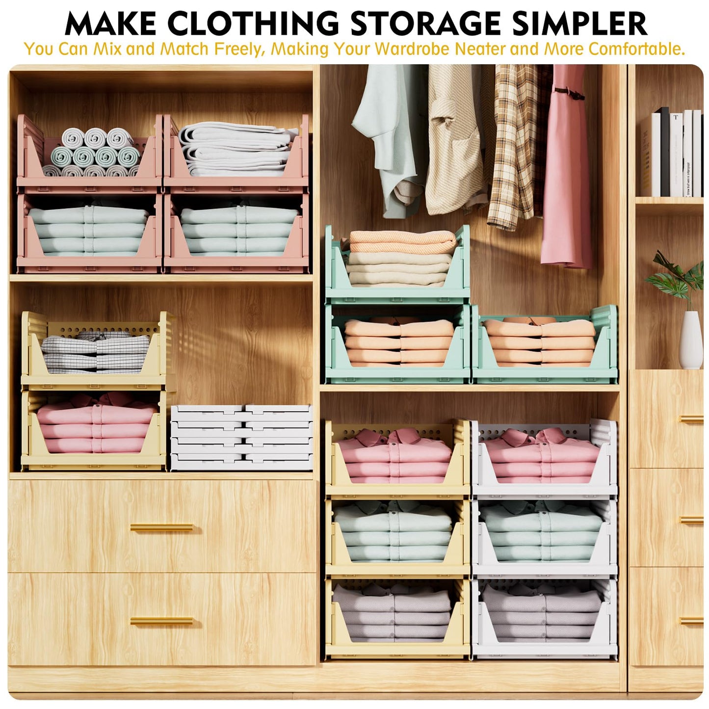 SNSLXH 5 Pack Stackable Closet Storage Basket, Multifunctional & Foldable Closet Organizer N28