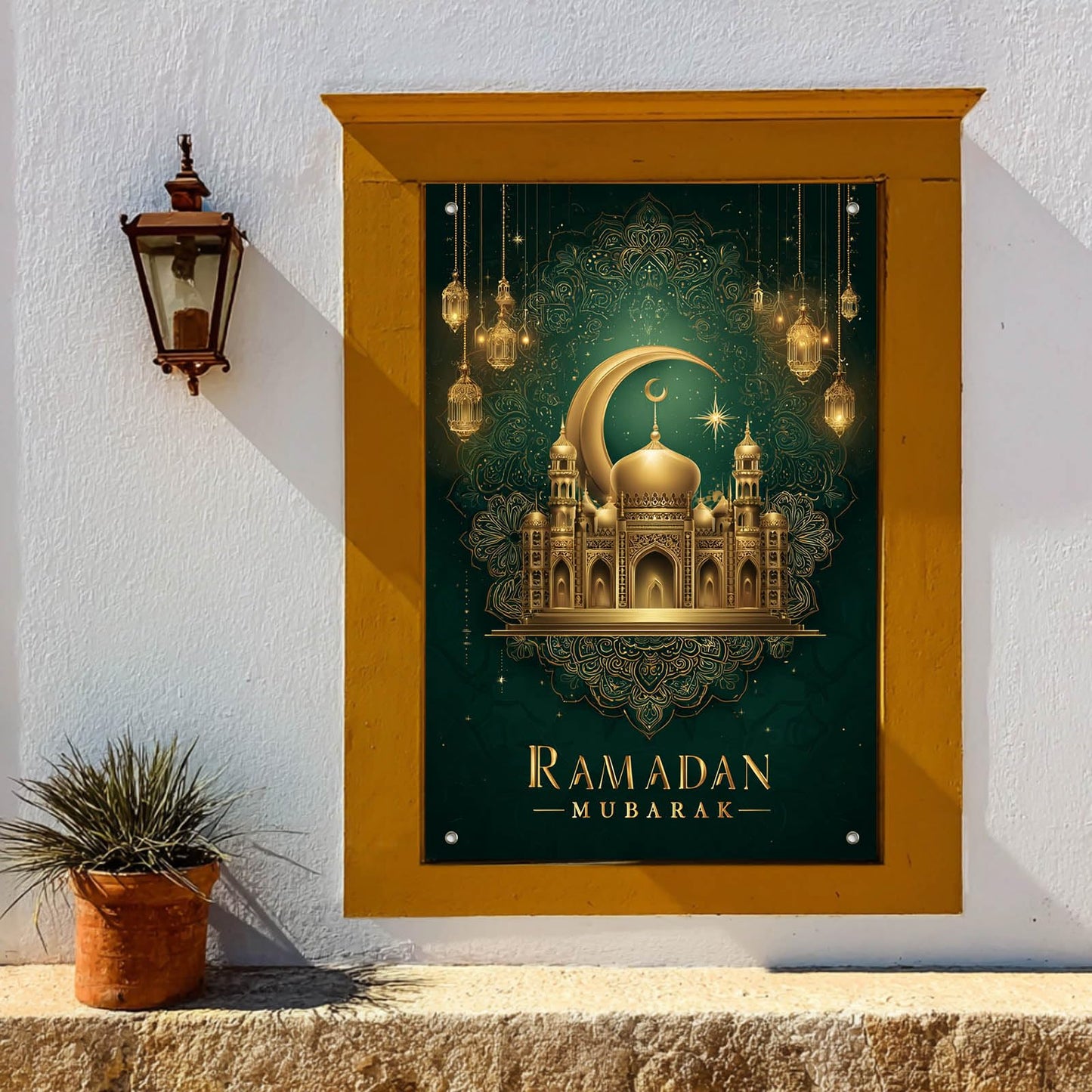 HOMETITUTE Eid Ramadan Window Banner Holiday Curtain Backdrop 31x47 Fabric | Mubarak Cover Festival Screen Windows Banner Hanging Living Room Bedroom Home Crescent Moon Star Pattern Design BST326H