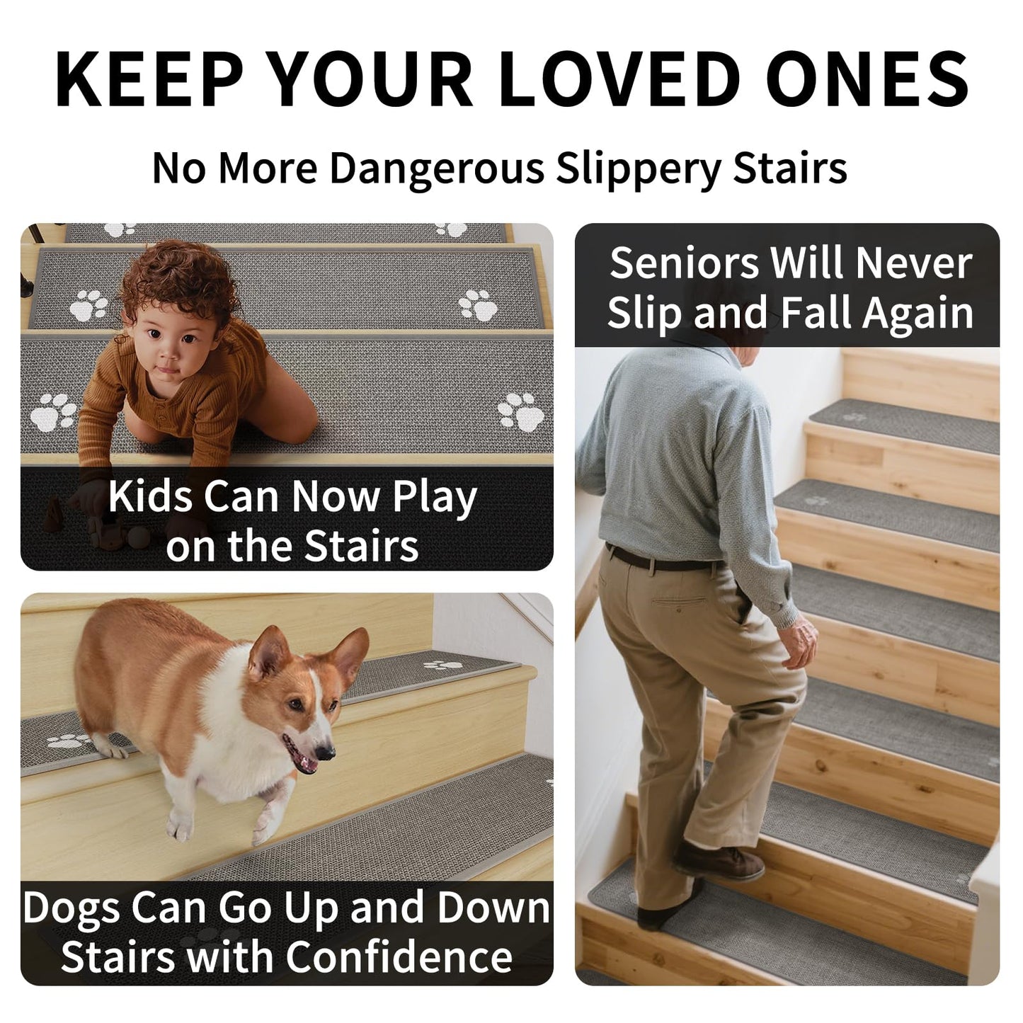 YDKGL Stair Treads Non Slip Indoor 4PCS, Rubber Backing Stair Runner Rugs for Wooden Steps, Residue Free Stair Carpet Treads for Kids Elders and Pets, Machine Washable Stair Mats, Gray, 8" x 30" WN420