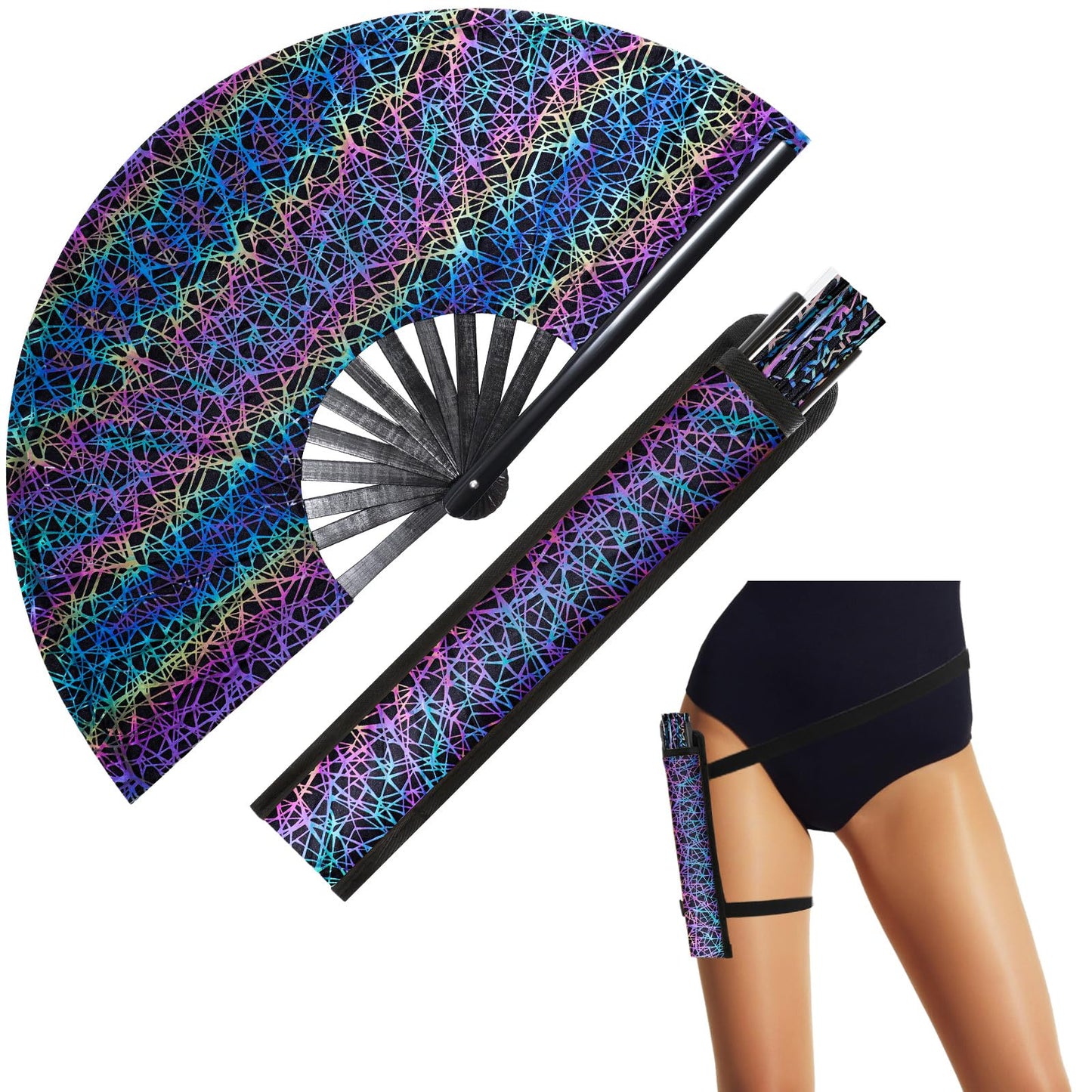 FairySandy Large Rave Fan UV Glow Clack Summer Hand Fan with Thigh Holster for Women Carnival Party Supplies for Carnival Edm Music Festival Club Accessories(Cool Style,Black) WN420