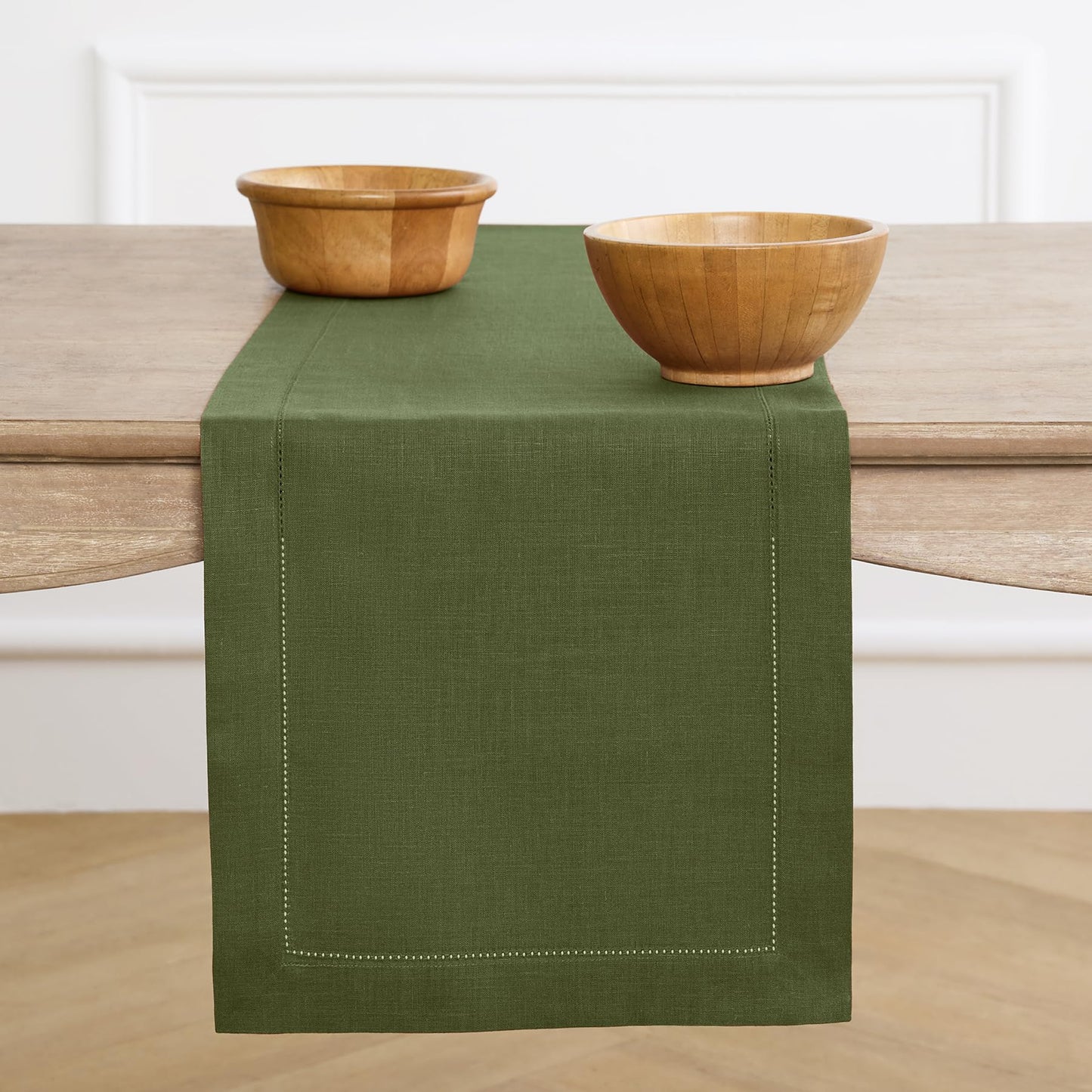 Solino Home 100% Pure Linen Table Runner Garden Green Hemstitch, 14 x 48 in | Classic Hemstitch Table Runners for dining, hallway and console table styling | hand hemstitched borders | OEKO-TEX Certified BST326SOLH