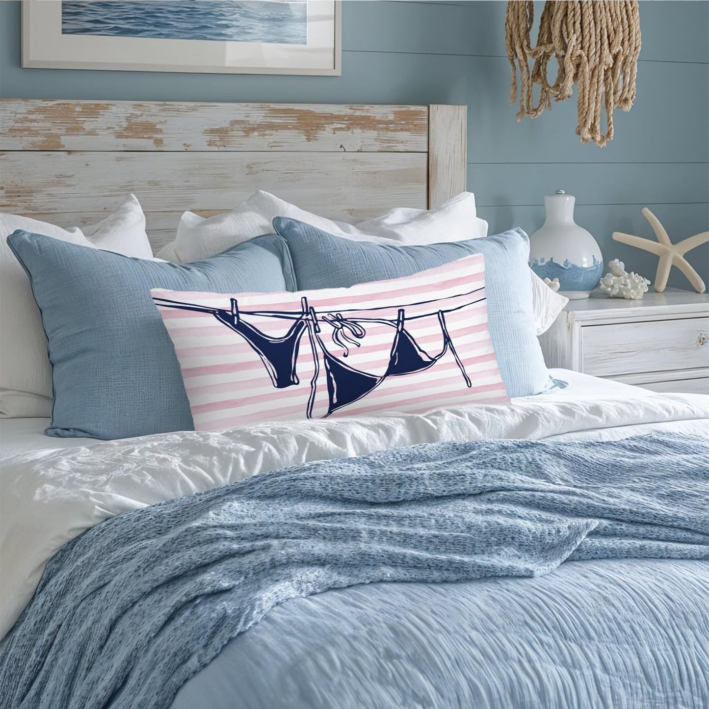 Coastal Beach Girly Room Decor 12x20 Pillow Cover, Preppy Beach Navy Blue Bikini Striped Decorative Lumbar Pillow Covers for Girls Bedroom College Dorm Sofa Couch BST326L