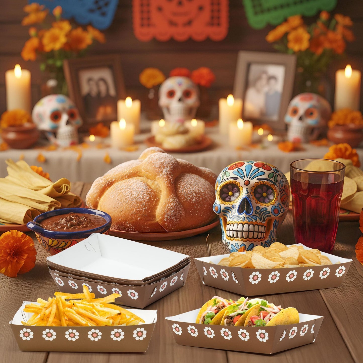 Mexican Taco Nights Food Trays 100Pcs Mexican Nacho Popcorn Unassembled Trays Snack Candy Holder Disposable Paper Plates Holiaday Carnival Party Supplies Concession Stand Food Containers BST202