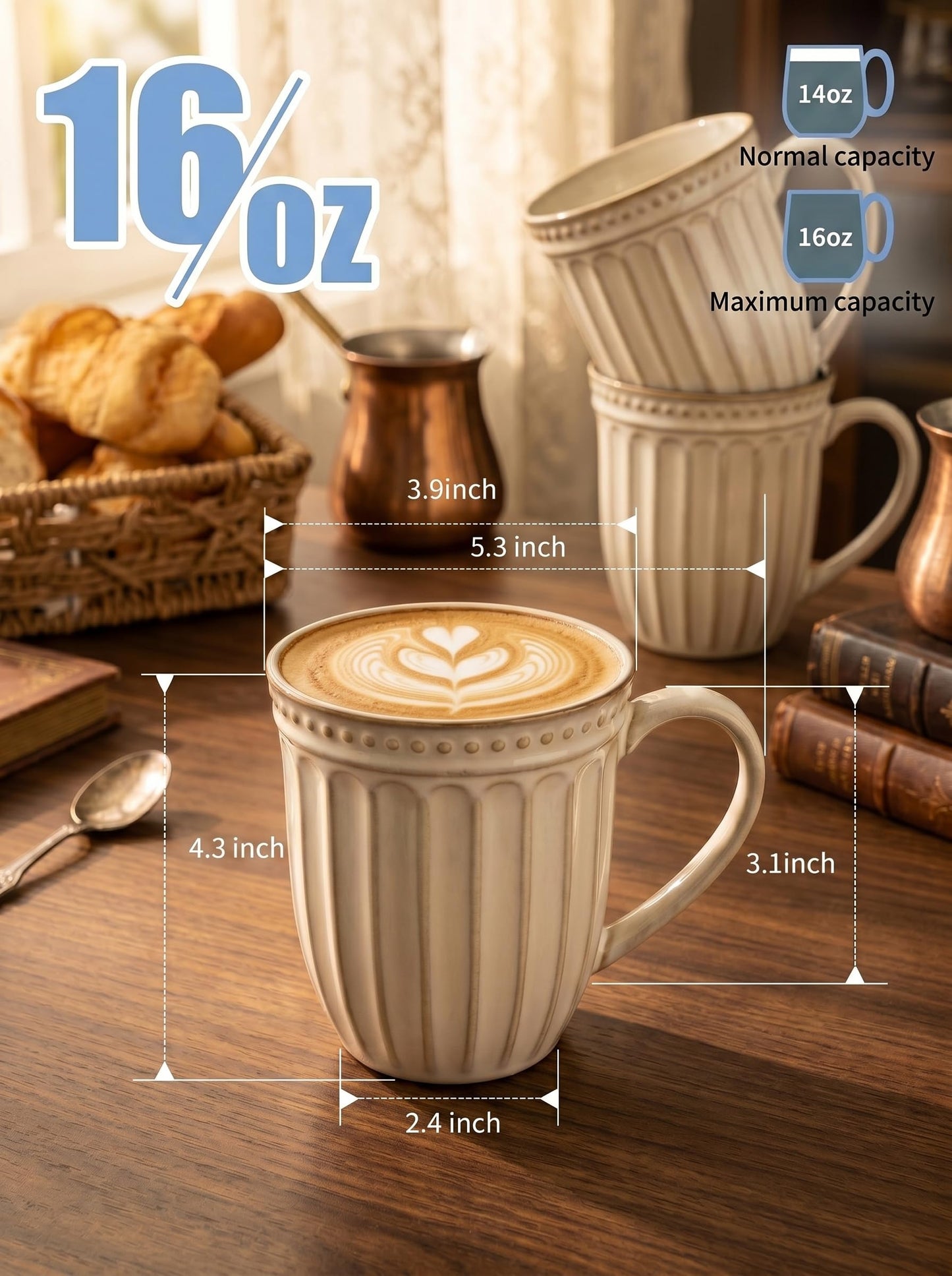 HASENSE Textured Large Coffee Mugs Set of 4, 16 Oz Ribbed Ceramic Cups with Large Handle for Latte Tea Cappuccino, Stackable Embossed Mug Set for Mom Dad, Microwave Dishwasher Safe, Creamy White BST220