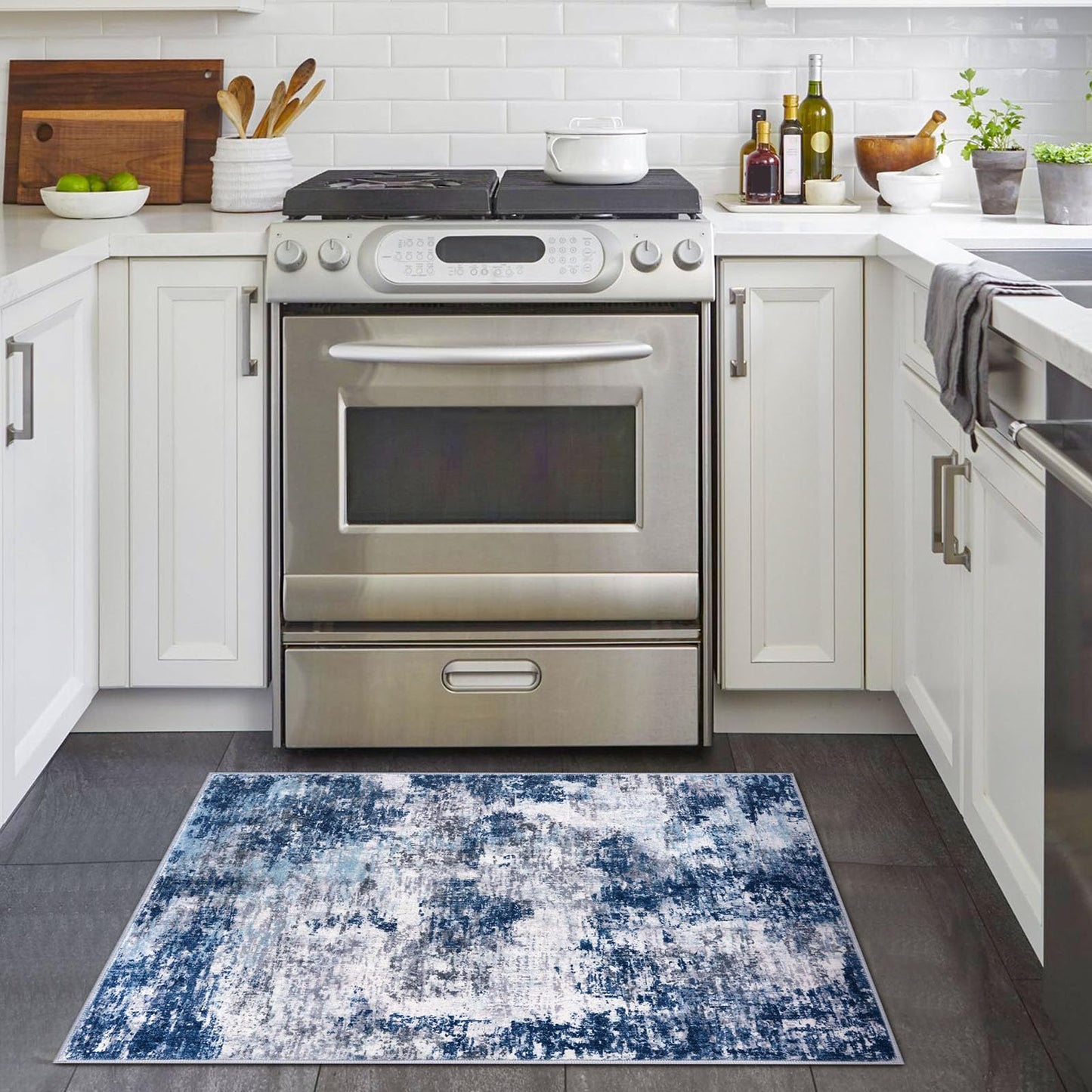 Lansny Modern Abstract Runner - 2x5, Beige Grey Washable Kitchen Entryway Rug Mat Non-Slip Soft Neutral Hallway Rug Thin Print Faux Wool Carpet for Bedroom Laundry Room Indoor BST220