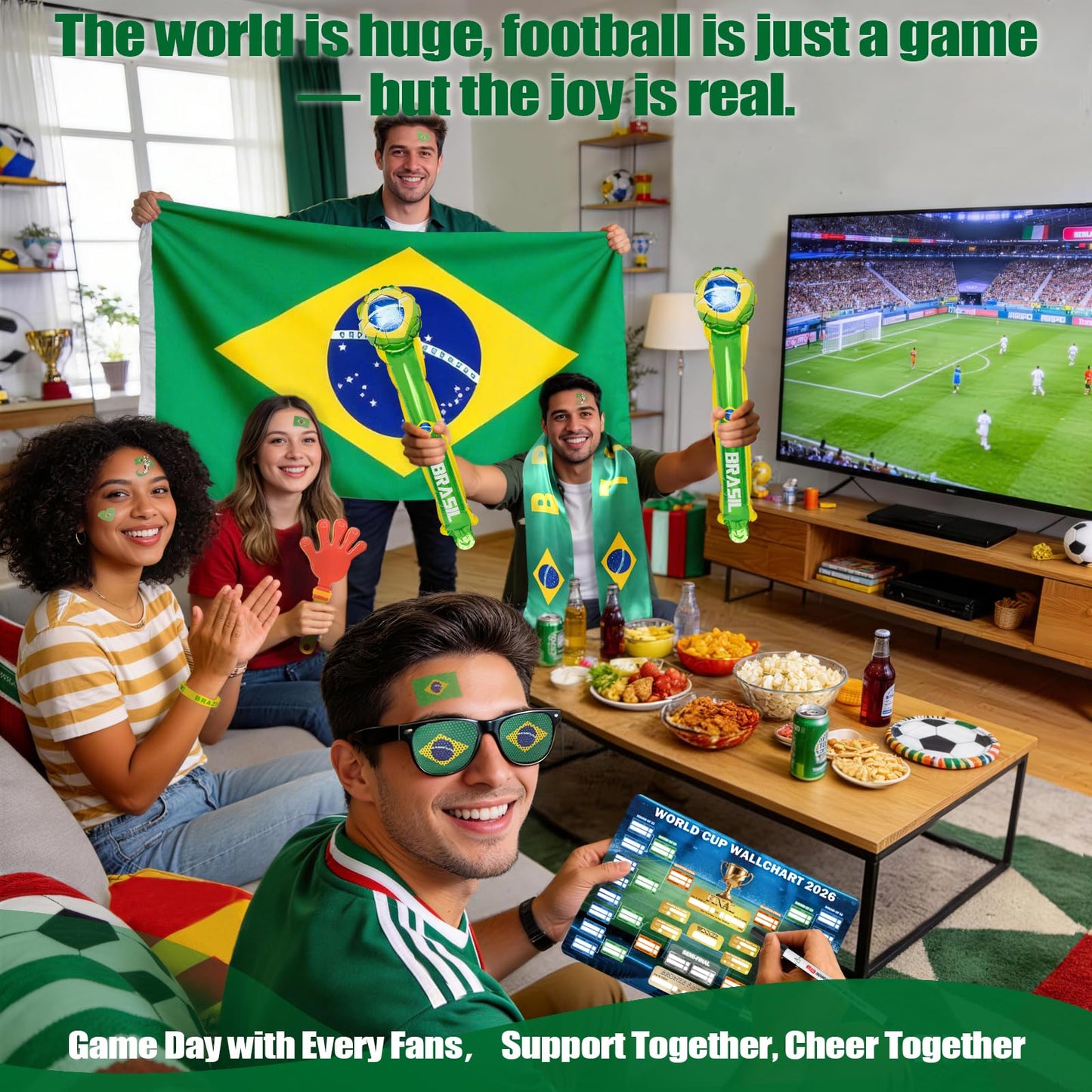 World Cup 2026 Fan Accessories with Large 3x5 ft Flag, Match Tracker Poster, Stickers, Cheering Sticks, Clapper & Scarf, World Cup Decorations Fan kit for Soccer Watch Party, Stadium and Home Cheering BST202