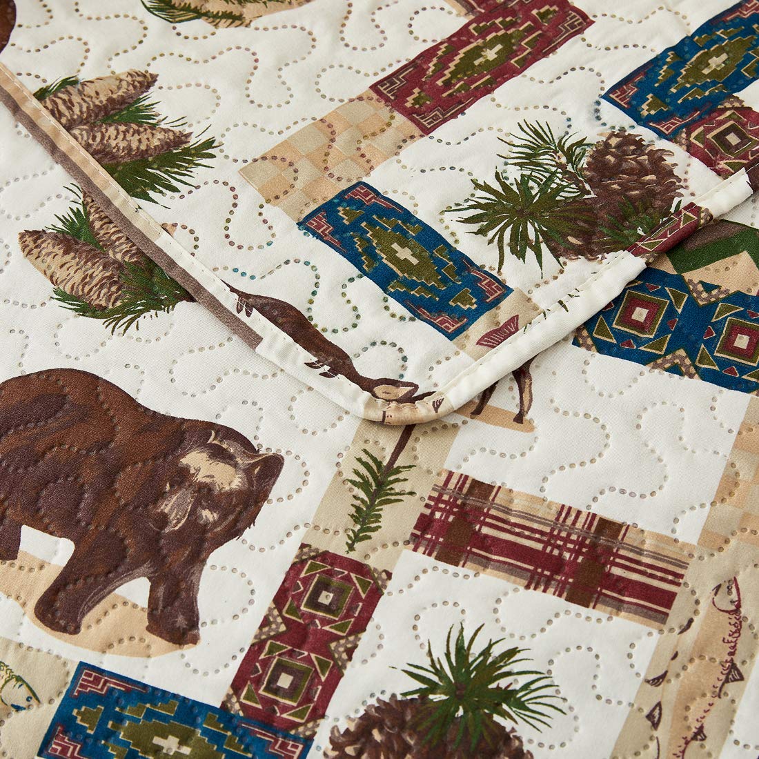 Rustic Moose Quilt Set King Size Lodge Quilt Lightweight Summer Cabin Bedspread Country Bedding Forest Bear Fish Pine Coverlet Daybed Cover Blanket Woodland Home Decor-Brown White BST220