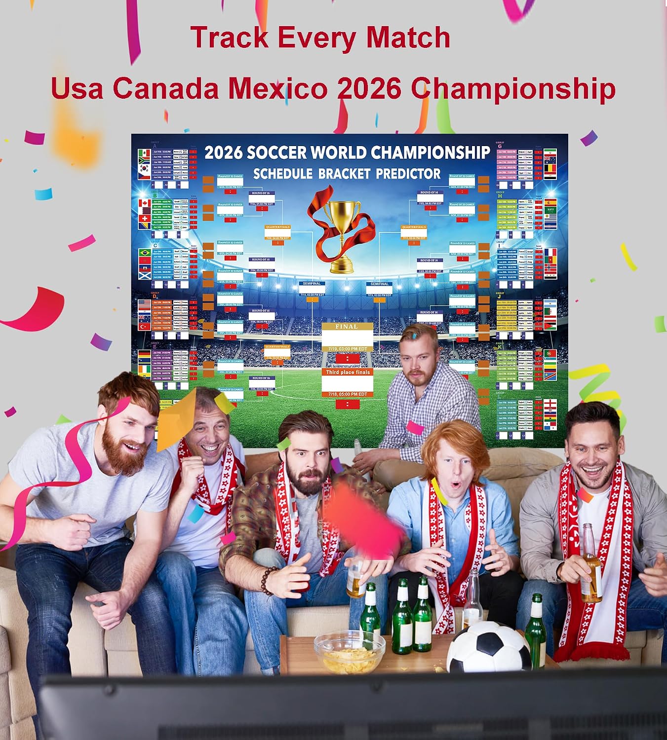 MORTICO 2026 World Cup Bracket Poster 35.5"x23.6" - Bracket Predictor Chart with All Group Matches (A-L) Through Final- EDT Times, Soccer Party Decor Sports Bar Essentials, Great Soccer Fans Gifts BST326H