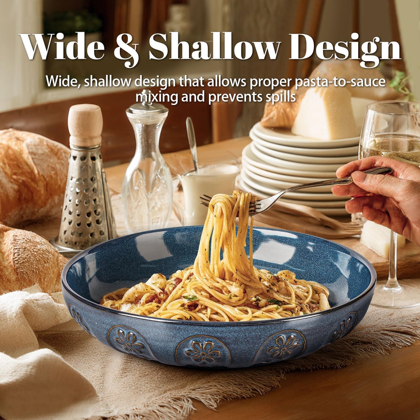Artena Pasta Bowls, 50oz Large Salad Serving Bowls, 9.75'' Plates Bowls Set of 4, Big White Ceramic Soup Bowls for Kitchen, Embossment Shallow Dinner Bowl, Microwave Dishwasher Safe, Willow Leaf BST326H